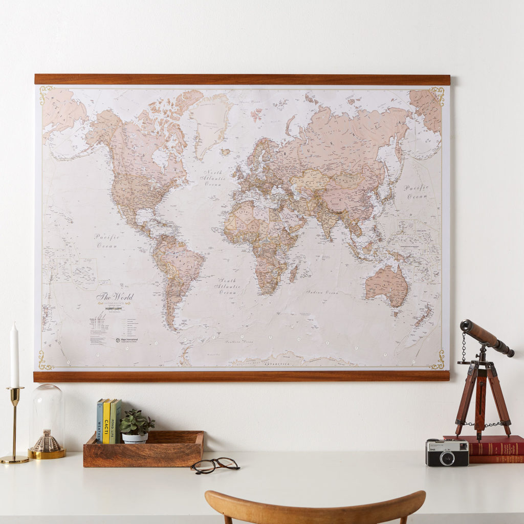 Antique World Map on Wooden Hanging Bars