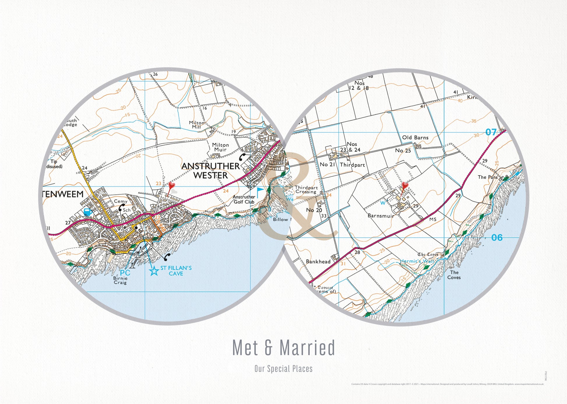PS01804_3_MATTP - Personalised Postcodes Two Circle Locations Map Print