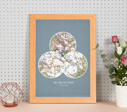 PS01803_3_WDOAK - Personalised Postcodes Three Circle Locations Map Print
