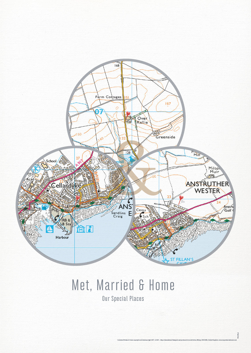 PS01803_3_MATTP Personalised Postcodes Three Circle Locations Map Print