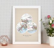 PS01803_3_WDWHI - Personalised Postcodes Three Circle Locations Map Print
