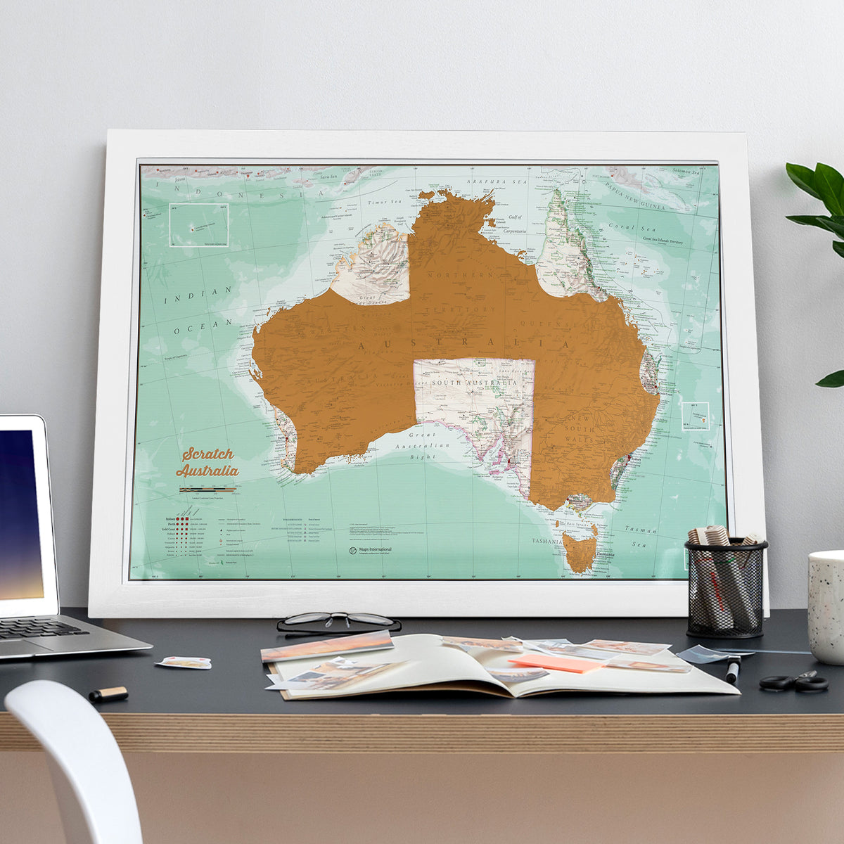 Scratch Map of Australia White Wooden Frame