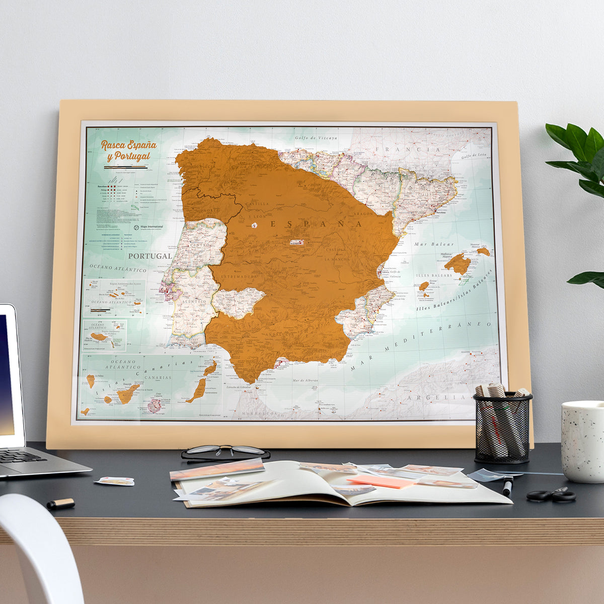 Scratch Map of Spain in Wooden Frame