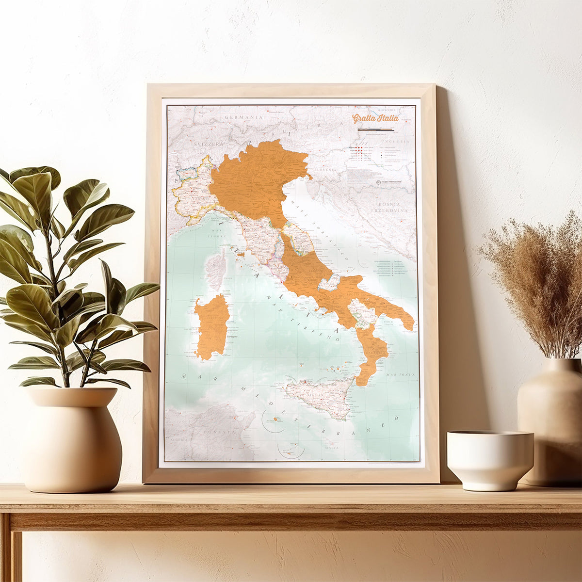 Scratch Map of Italy with Wooden Frame