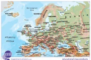 Politically coloured Europe map with hill shading and bathymetry.