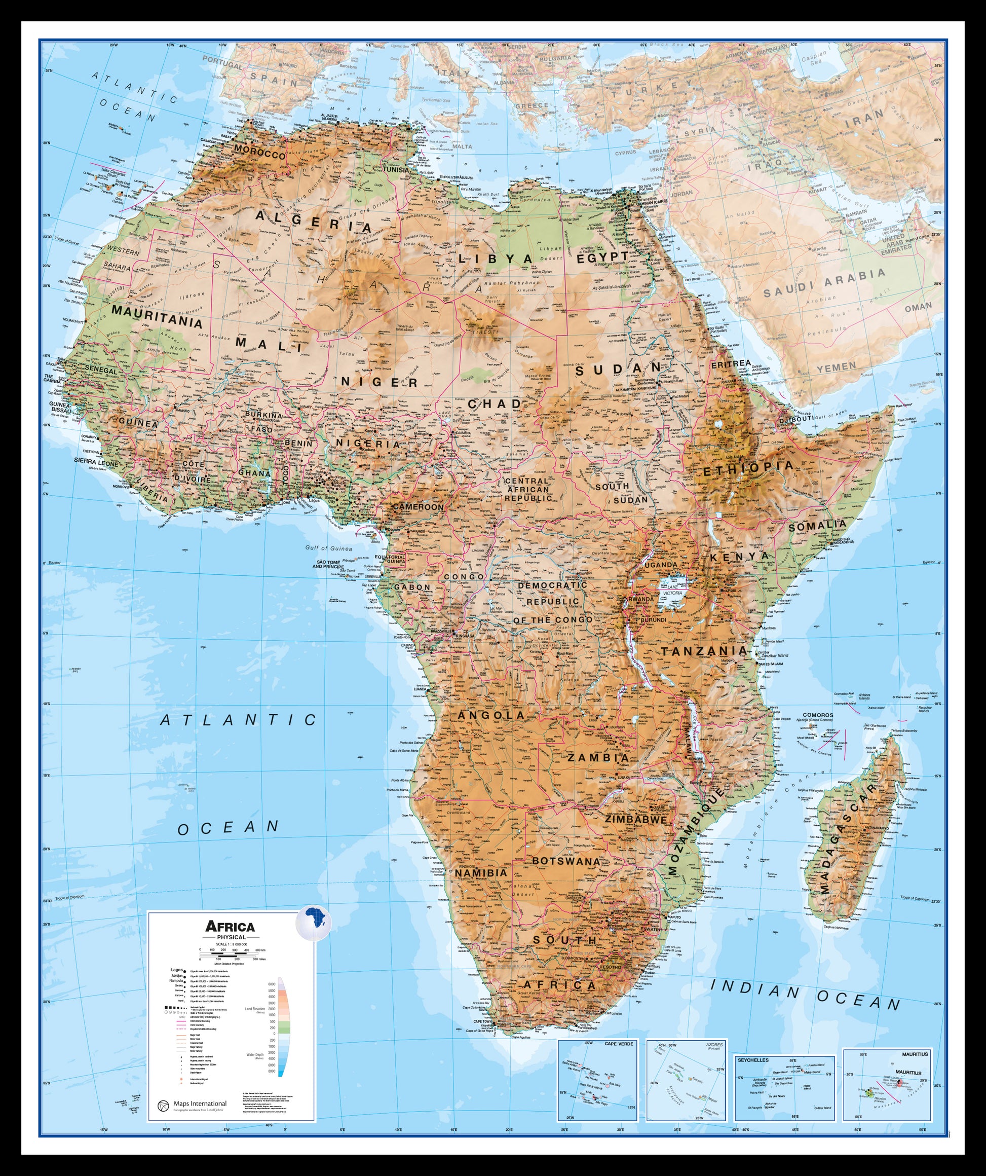 Africa Wall Map Physical Black Frame Pinbl