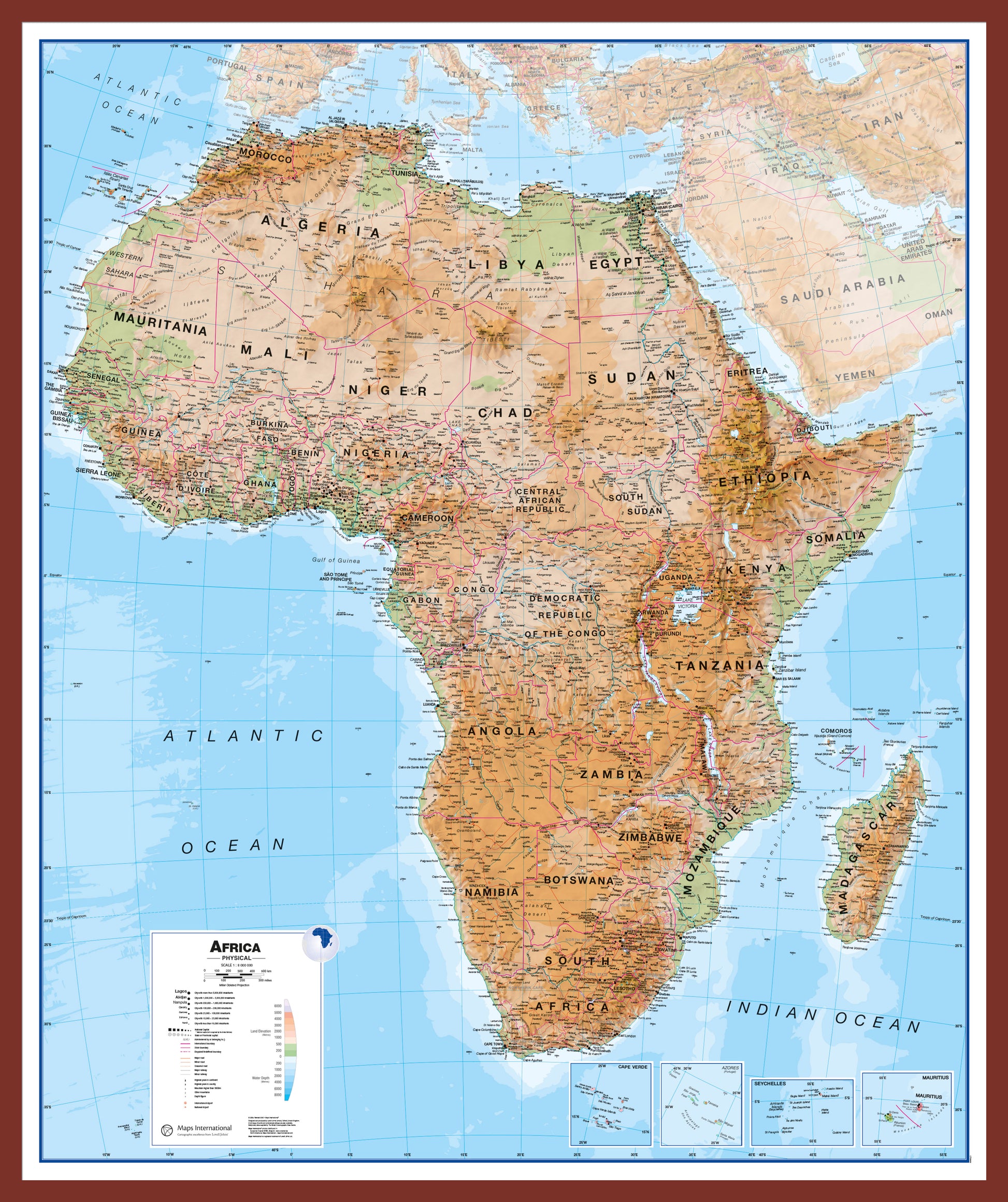 Africa Wall Map Physical Oak Frame Pinok