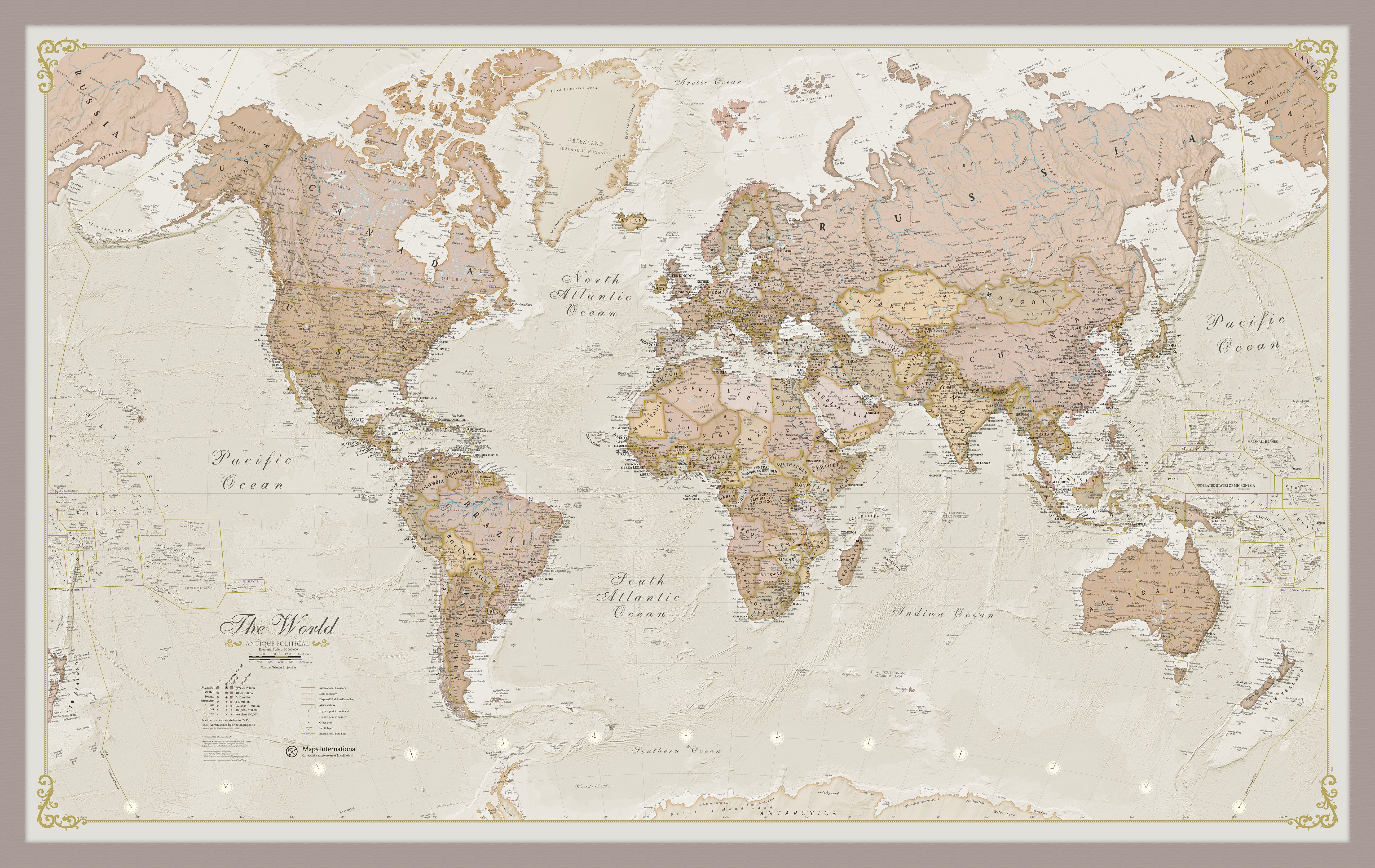 Antique World Map Aluminium Frame
