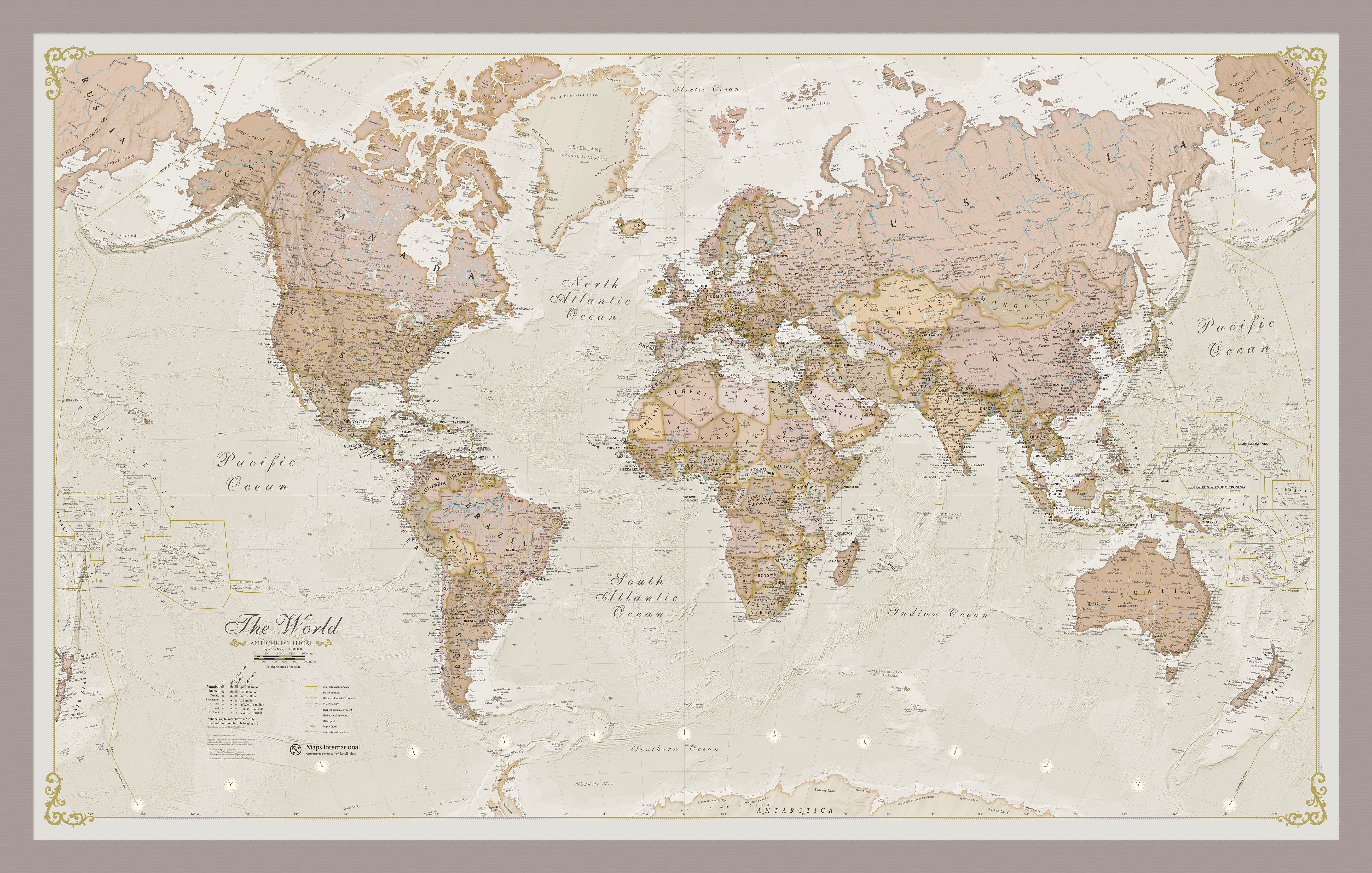 Antique World Map Aluminium Frame