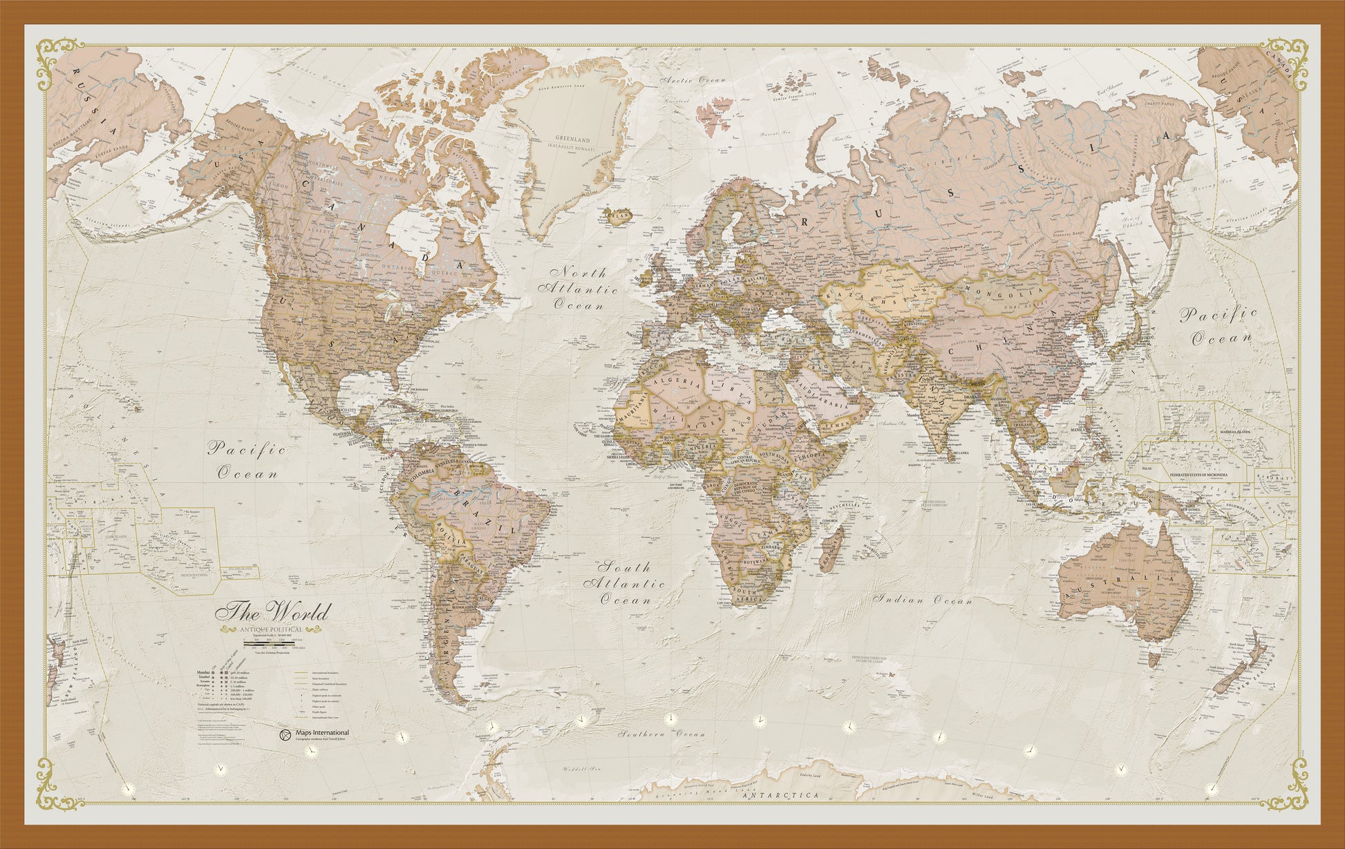 Antique World Map Teak Frame Wdtea