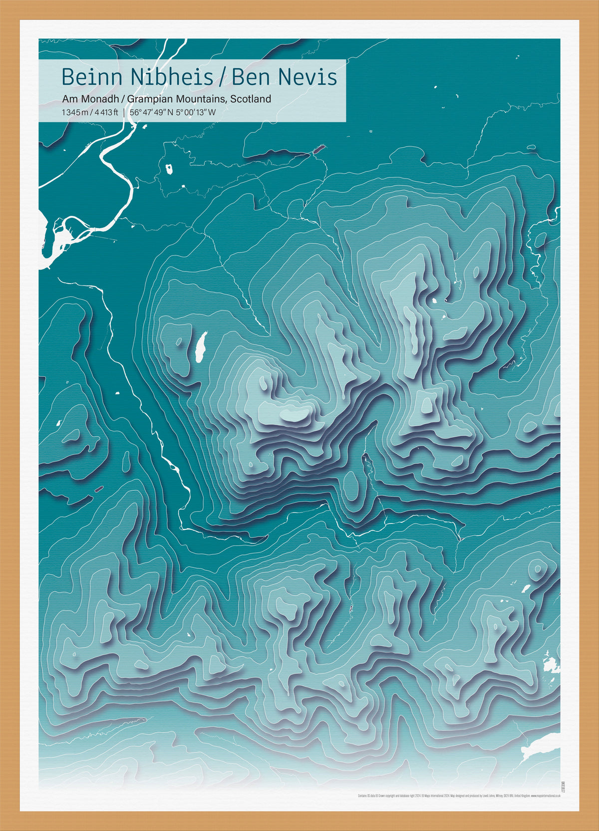 UK01837_3_WDOAK - A3 Ben Nevis Topographic Cut Out Contour Map Print - Teal