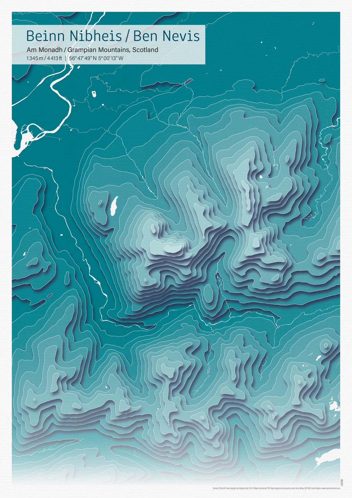 UK01837_3_MATTP - A3 Ben Nevis Topographic Cut Out Contour Map Print - Teal