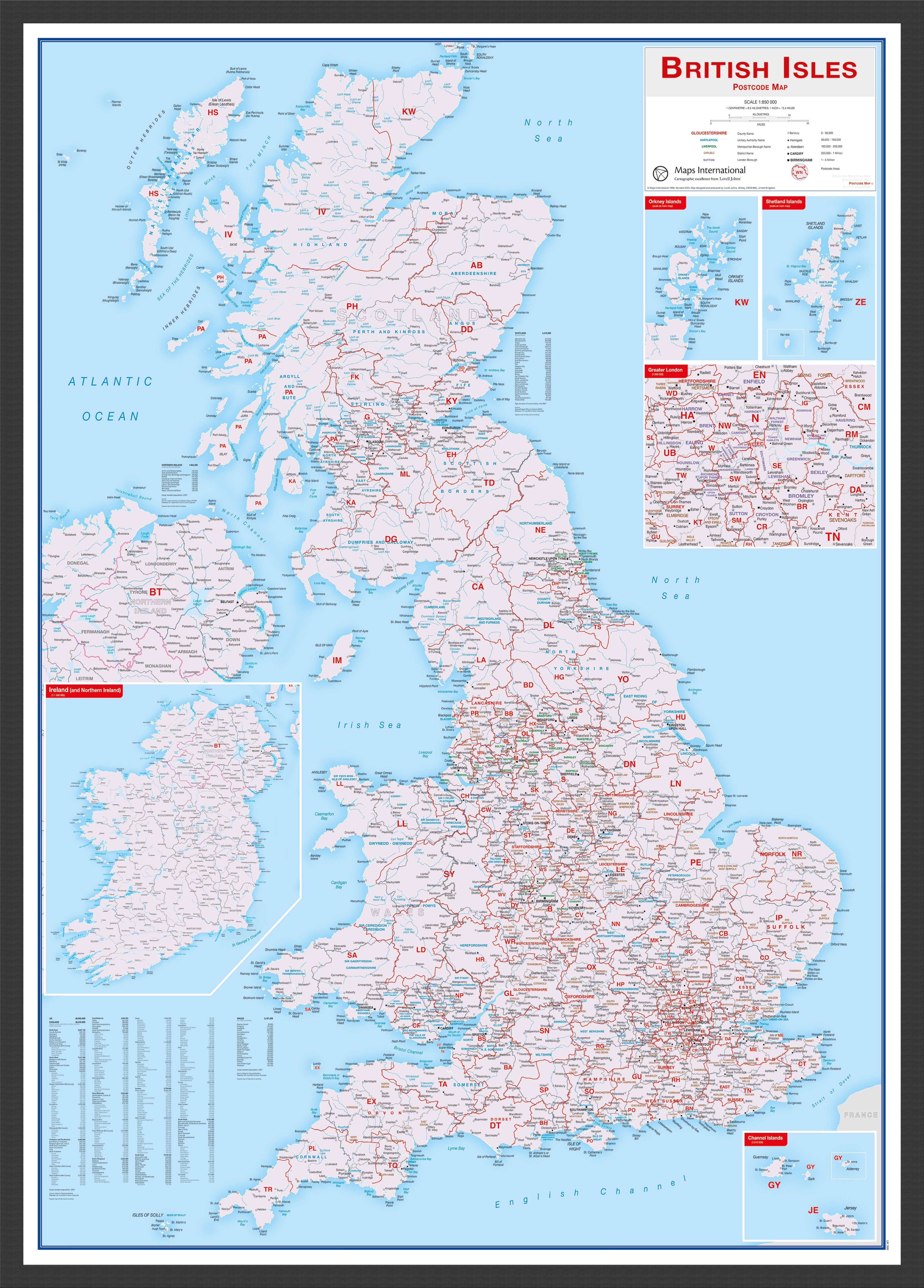 British Isles Postcode Map Black Frame Wdbla