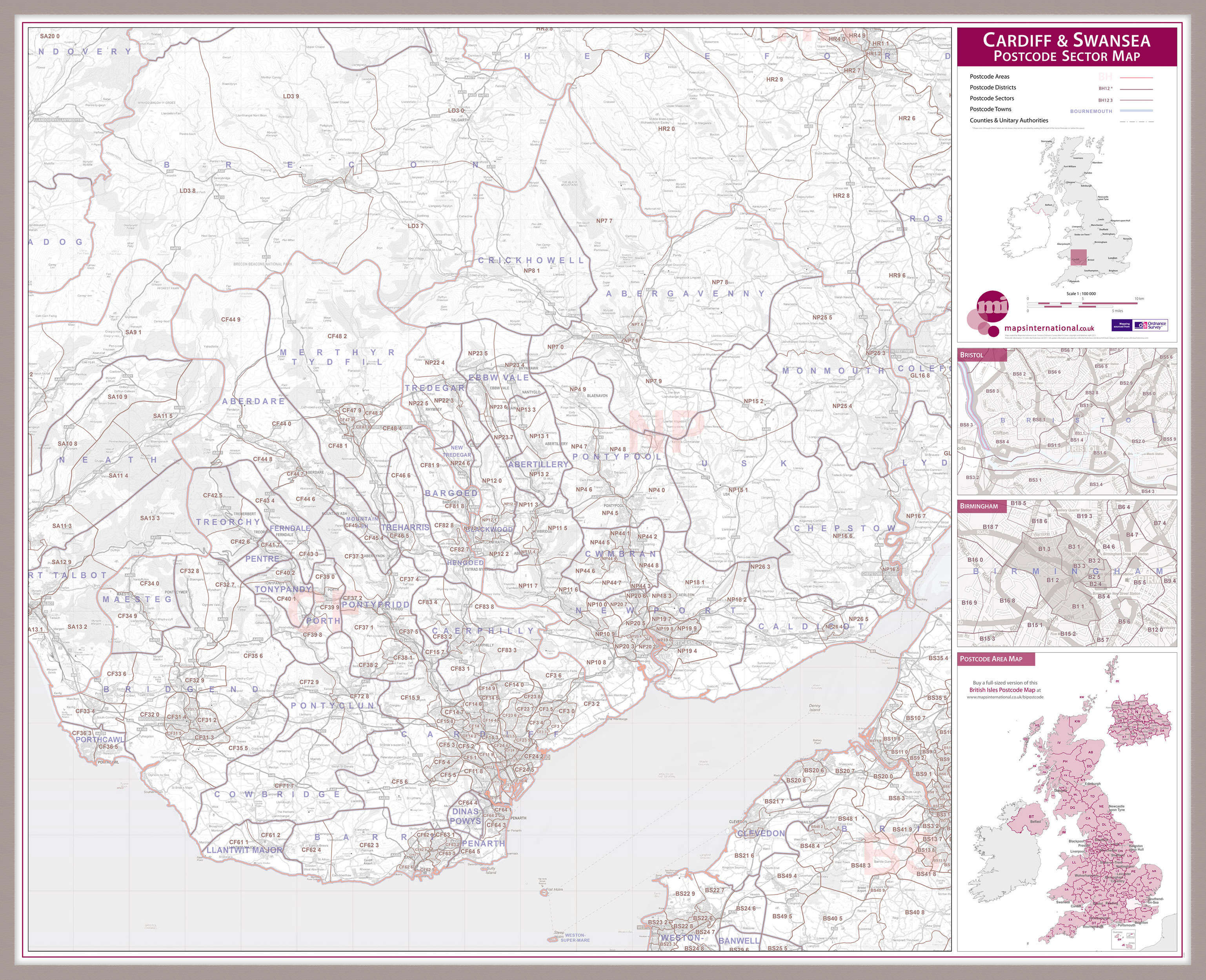UK00767_L_LBDAL - Cardiff and Swansea Postcode Sector Map