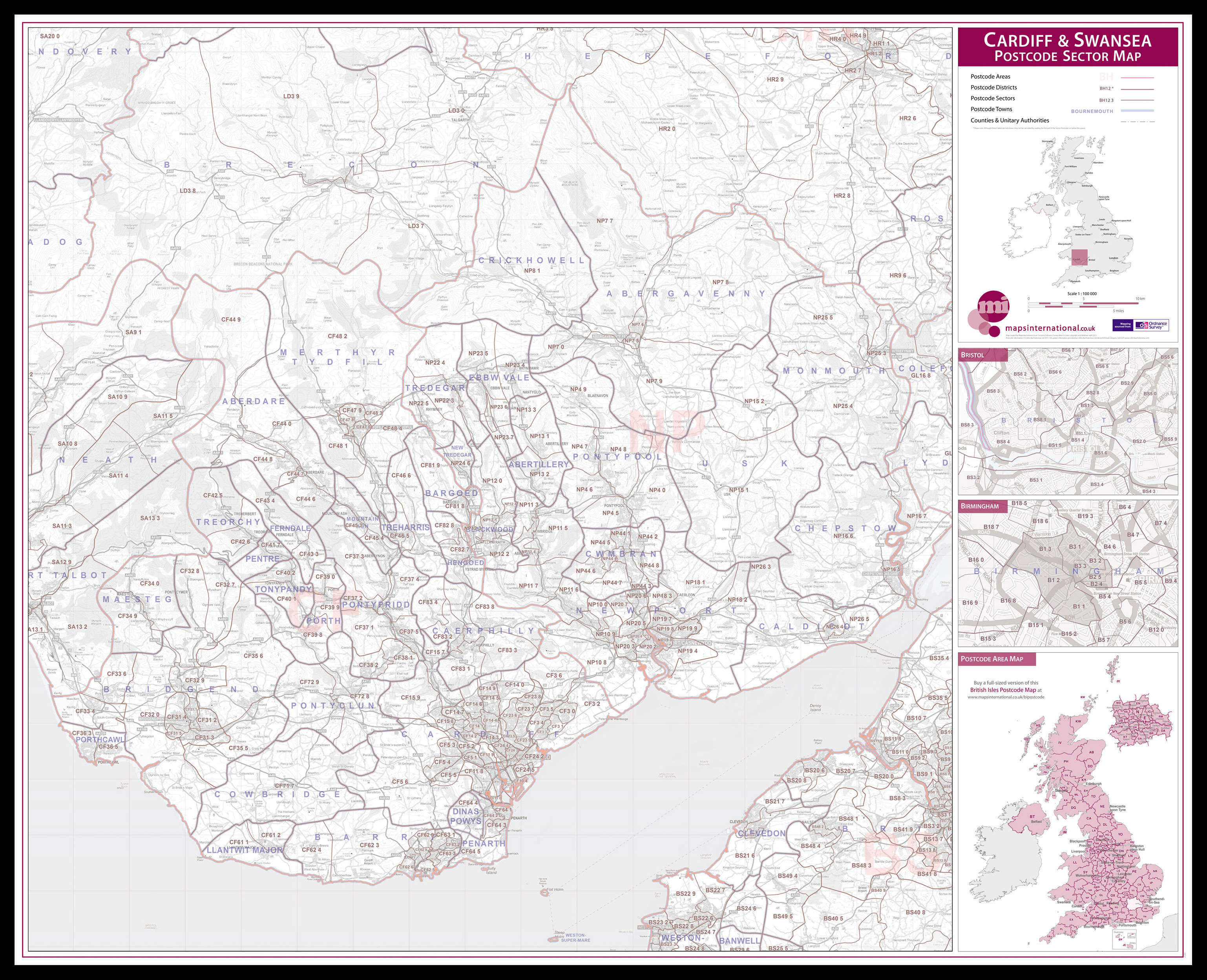 UK00767_L_LBDBL - Cardiff and Swansea Postcode Sector Map