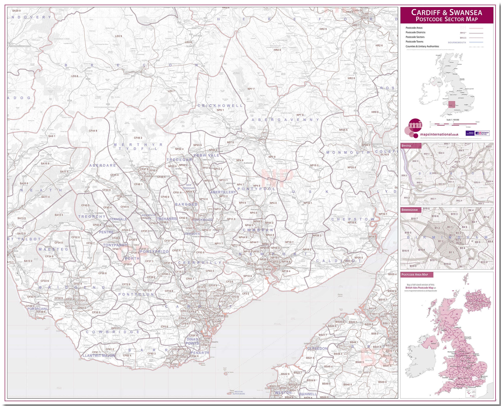 UK00767_L_LMBRD - Cardiff and Swansea Postcode Sector Map