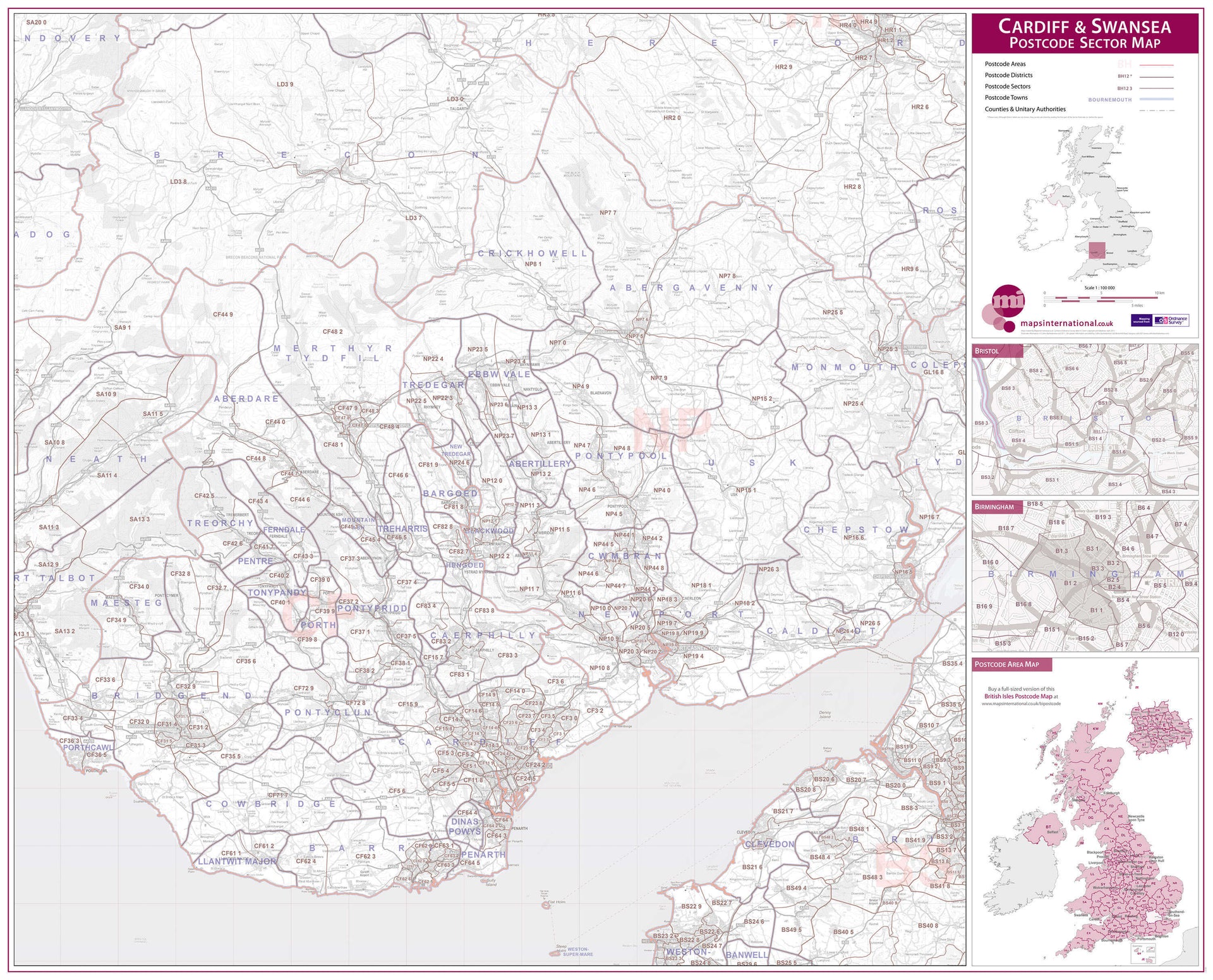 UK00767_L_PAPER Cardiff Swansea Postcode Sector Map