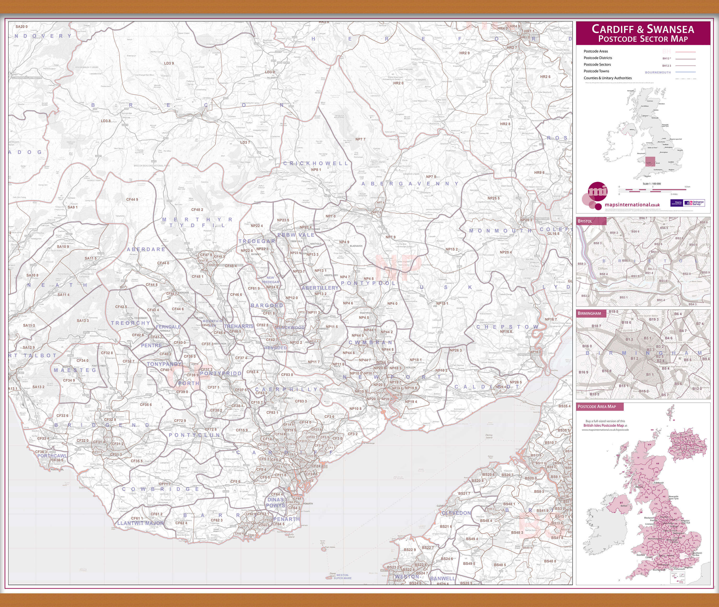 UK00767_L_LWDHB - Cardiff and Swansea Postcode Sector Map