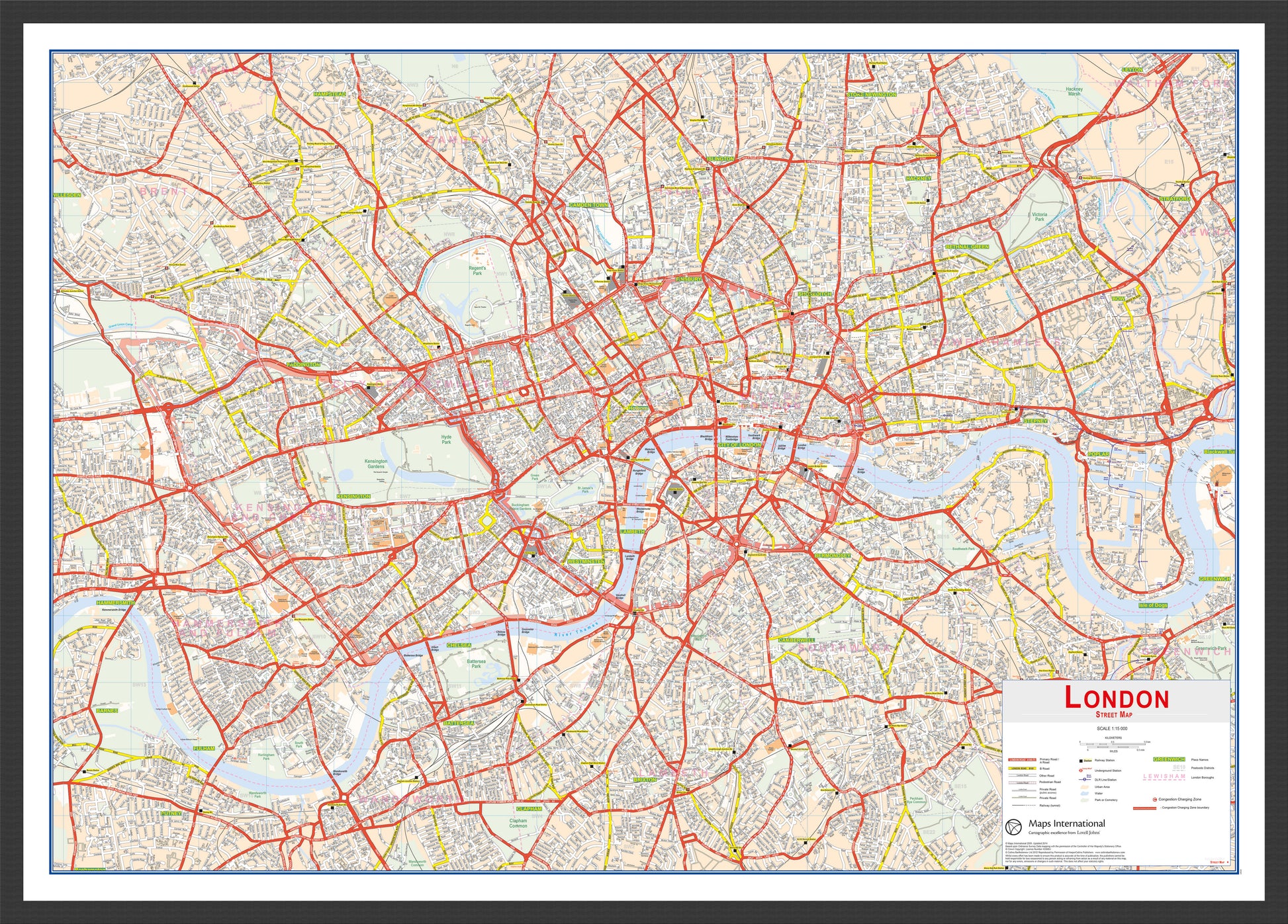 Central London Street Wall Map Black Frame Wdbla