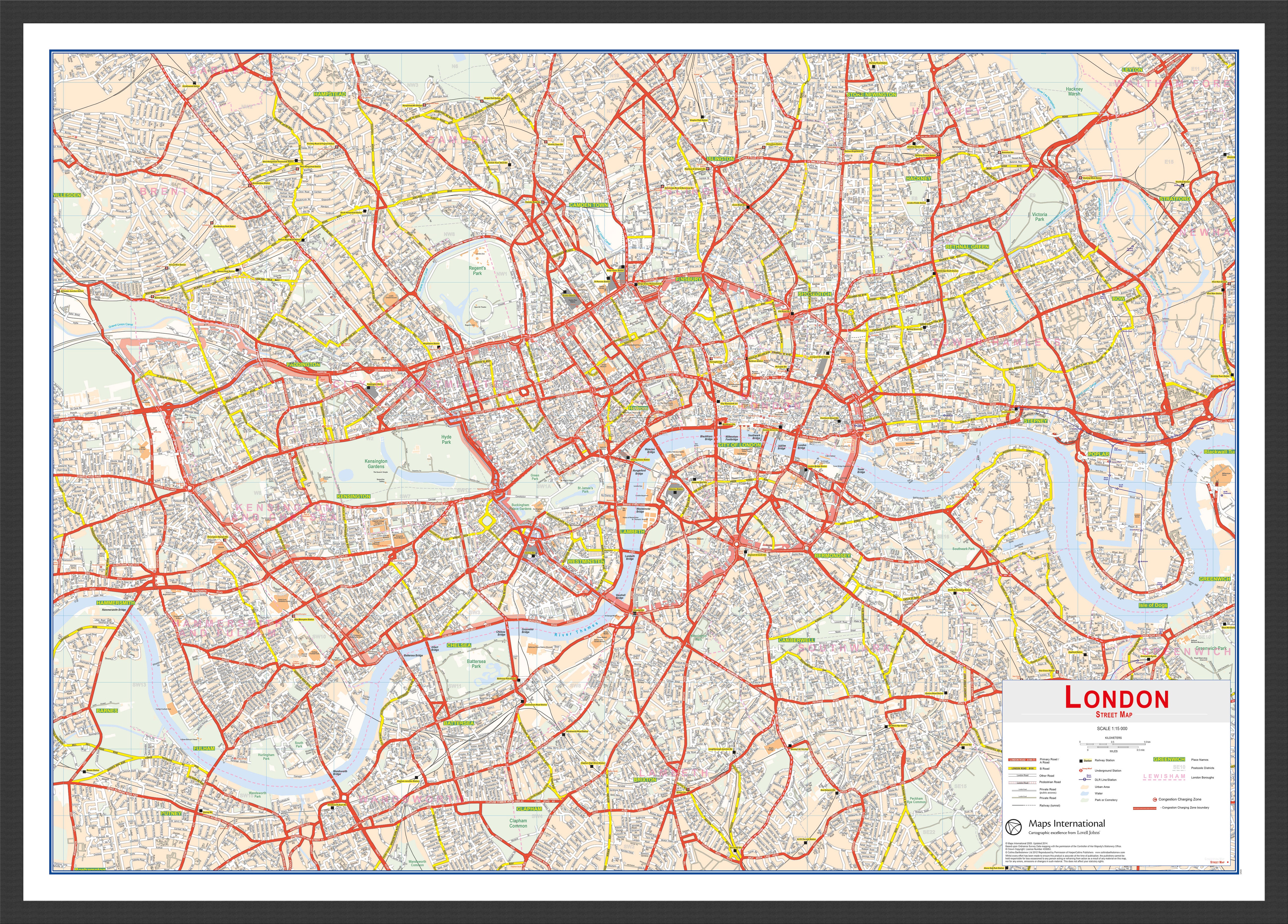 Central London Street Wall Map Black Frame Wdbla