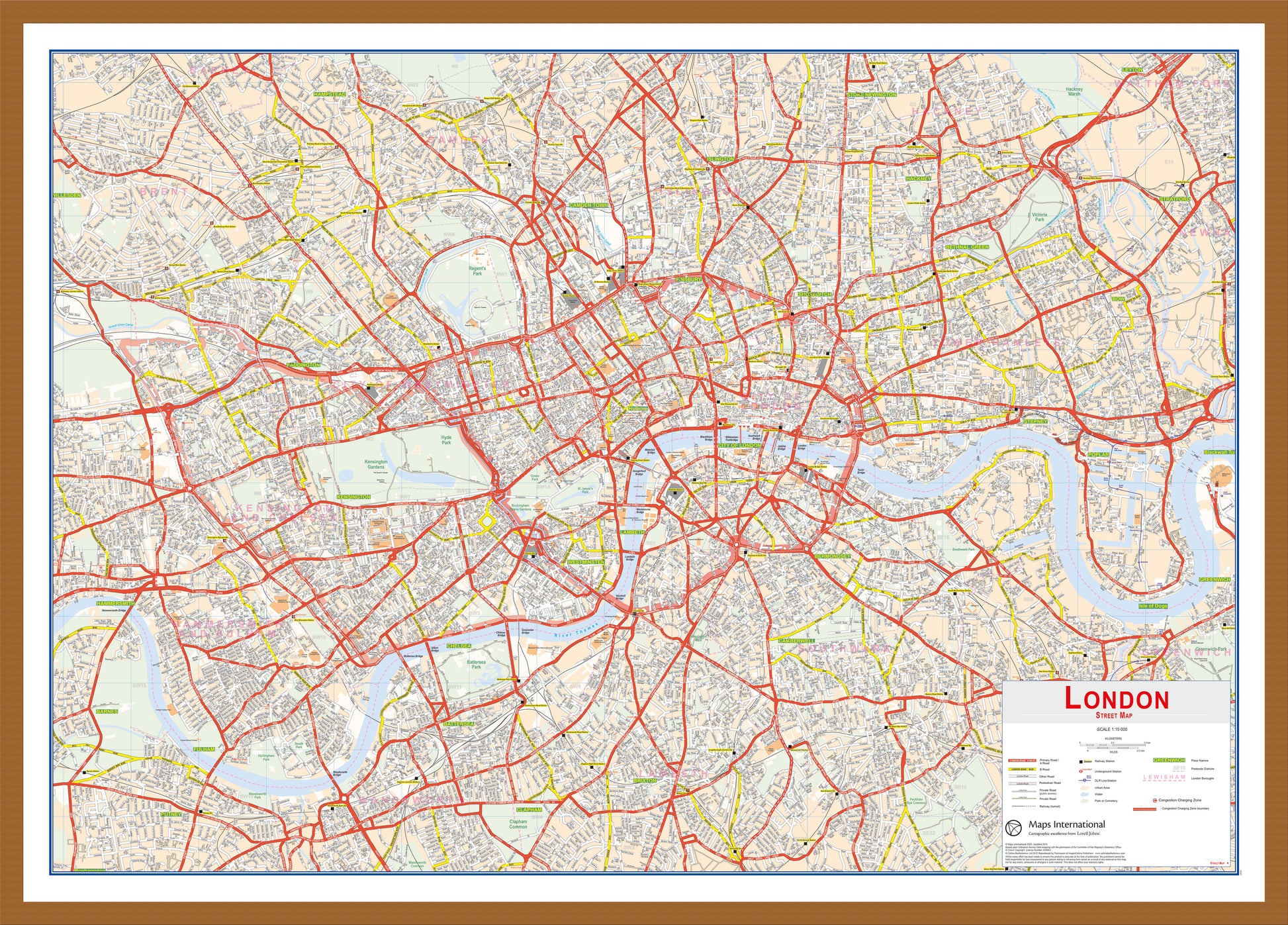 Central London Street Wall Map Teak Frame Wdtea