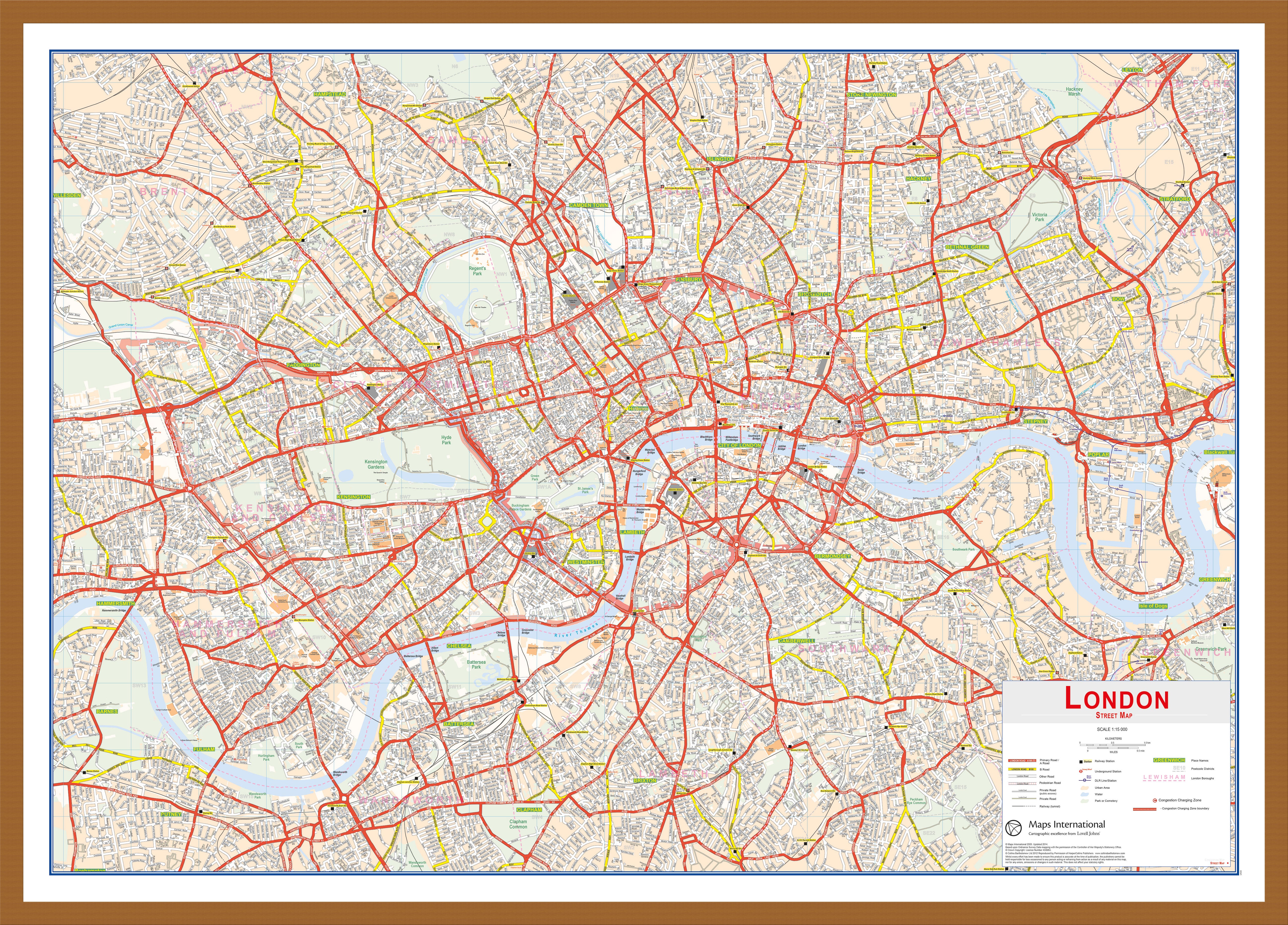 Central London Street Wall Map Teak Frame Wdtea