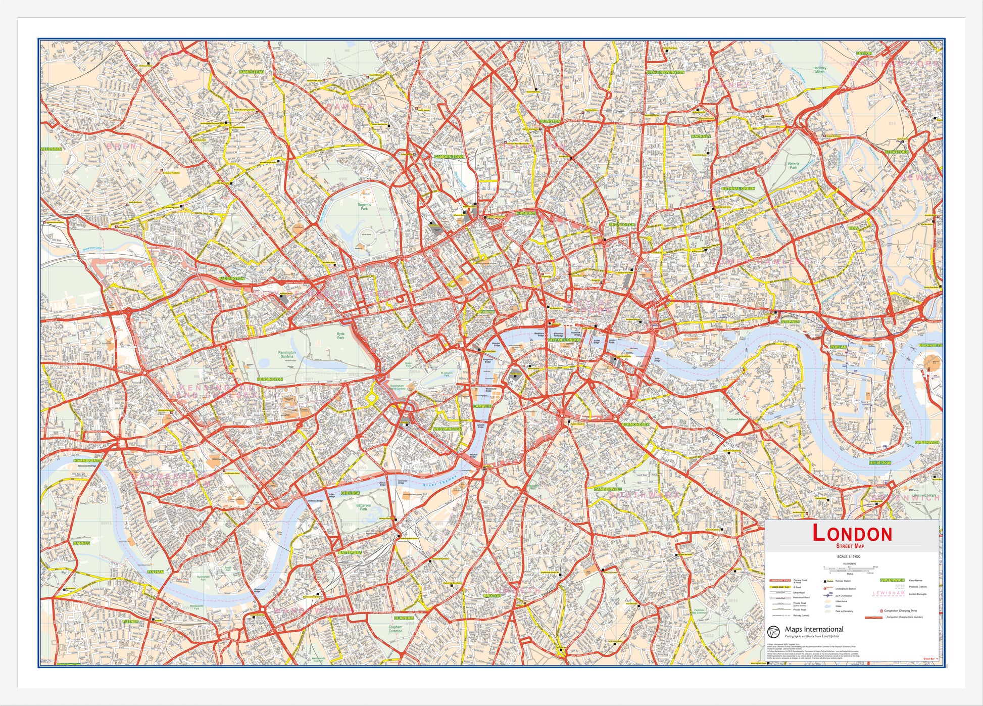 Central London Street Wall Map White Frame
