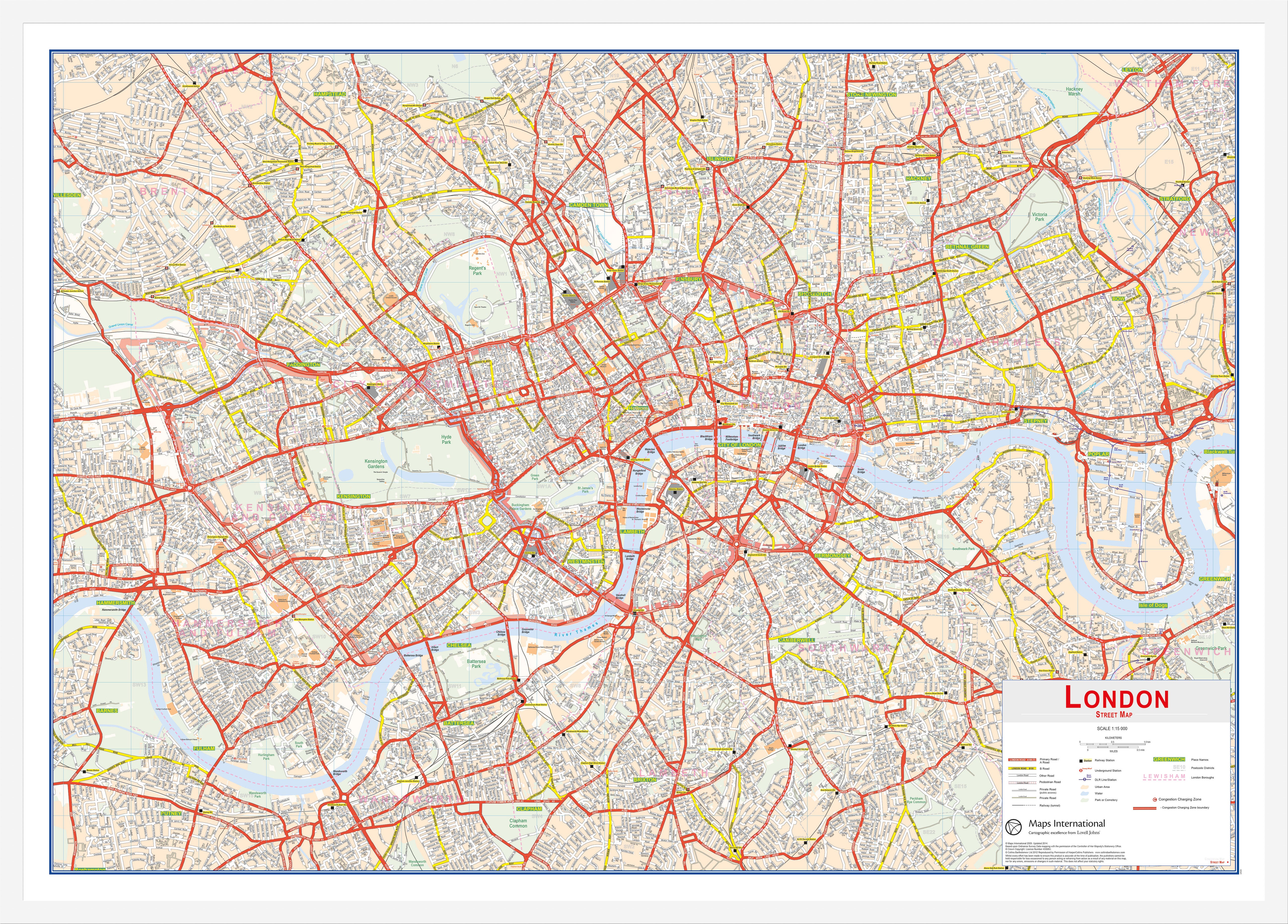 Central London Street Wall Map White Frame