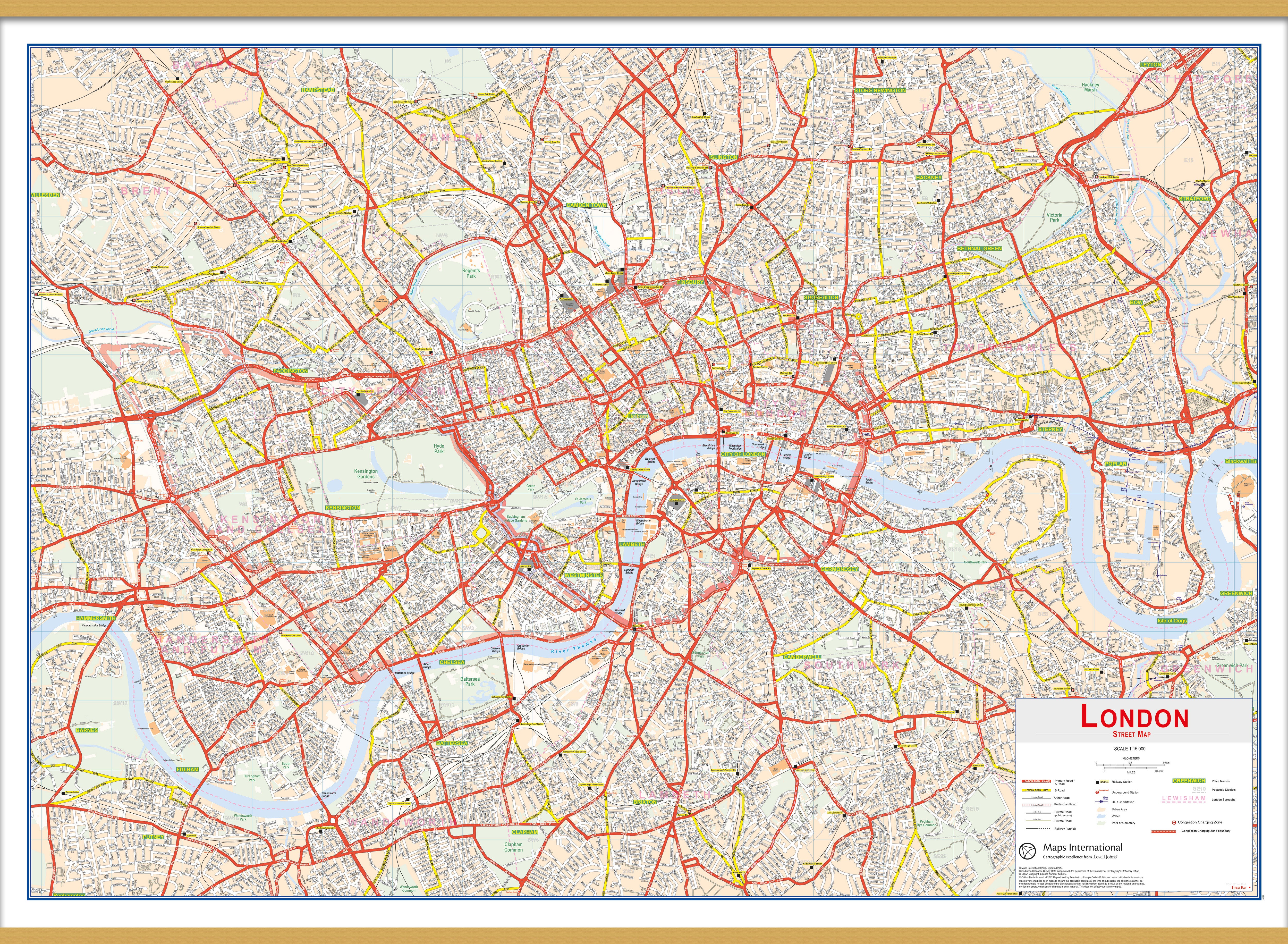 Central London Street Wall Map Wooden Bars Lwdhb 1