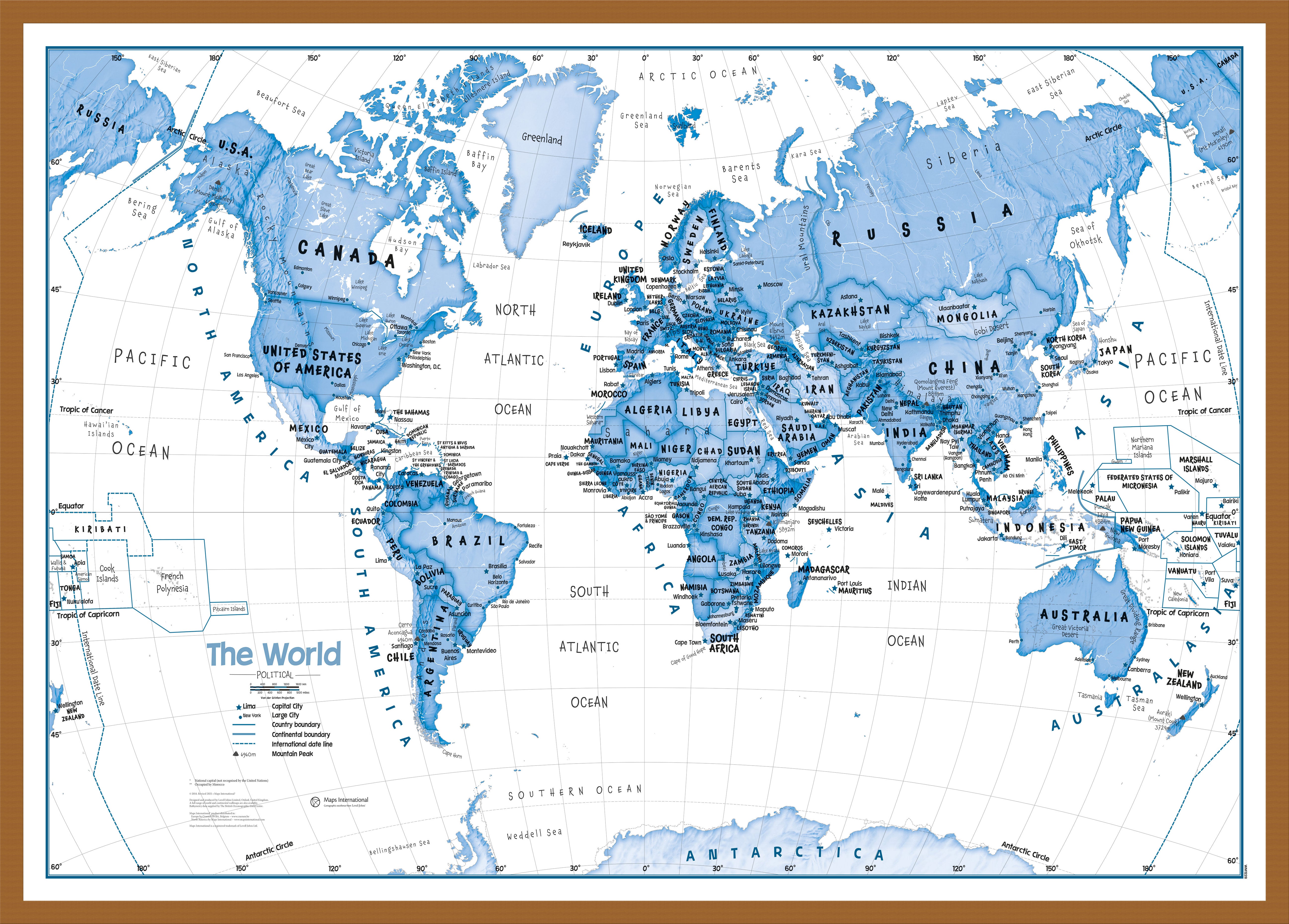 Children S Art Map Of The World Blue Teak Frame Wdtea