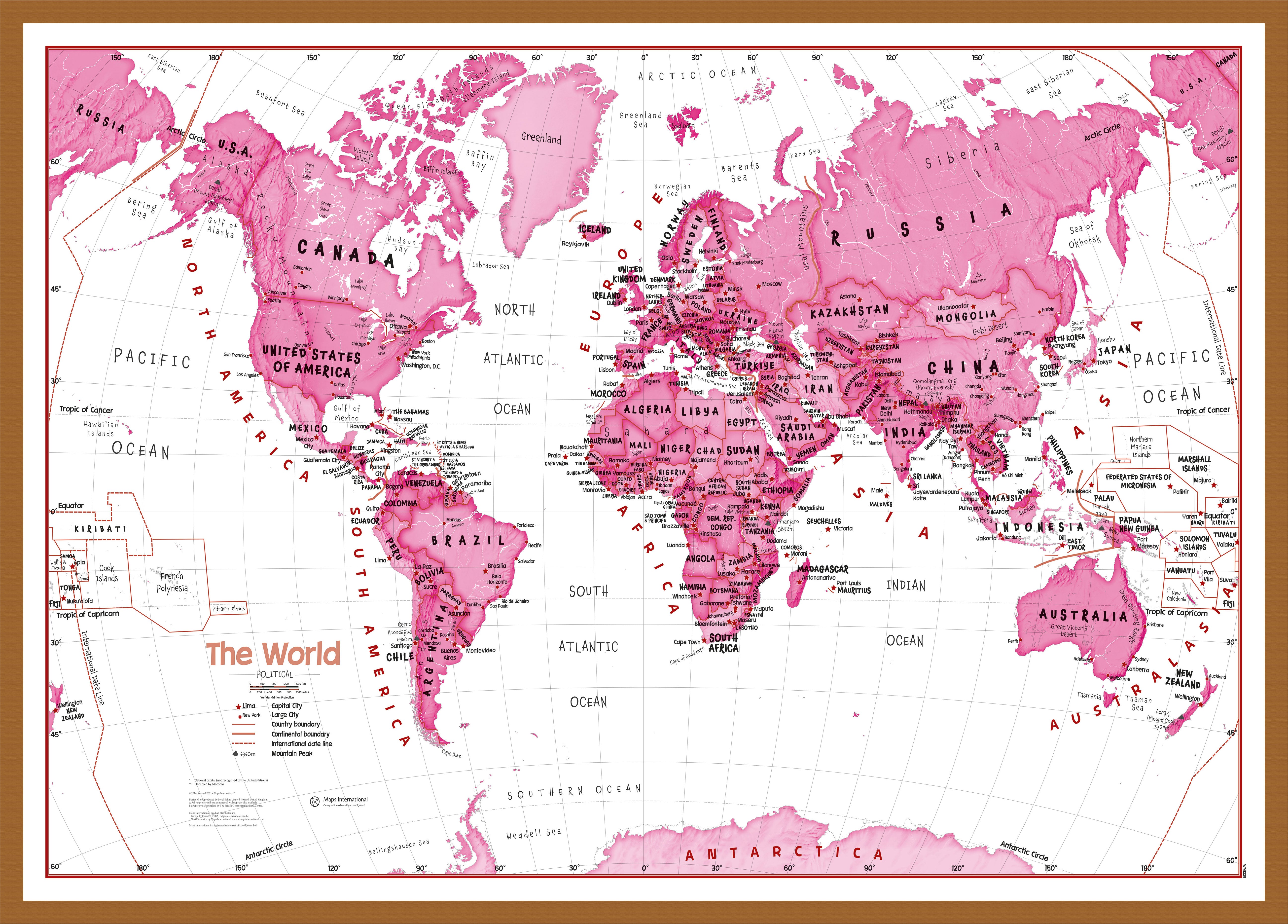 Children S Art Map Of The World Pink Teak Frame Wdtea