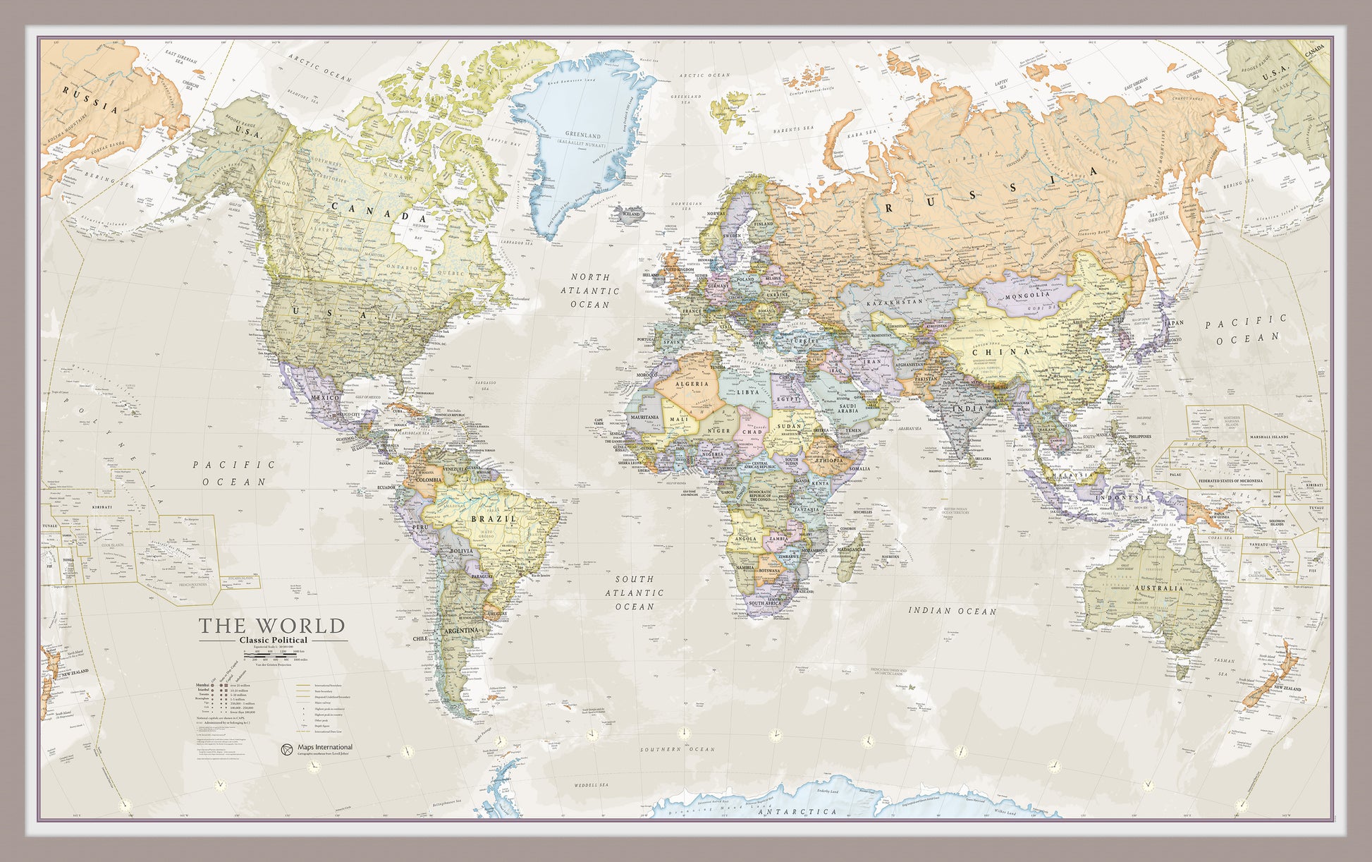 Classic World Map Aluminium Frame