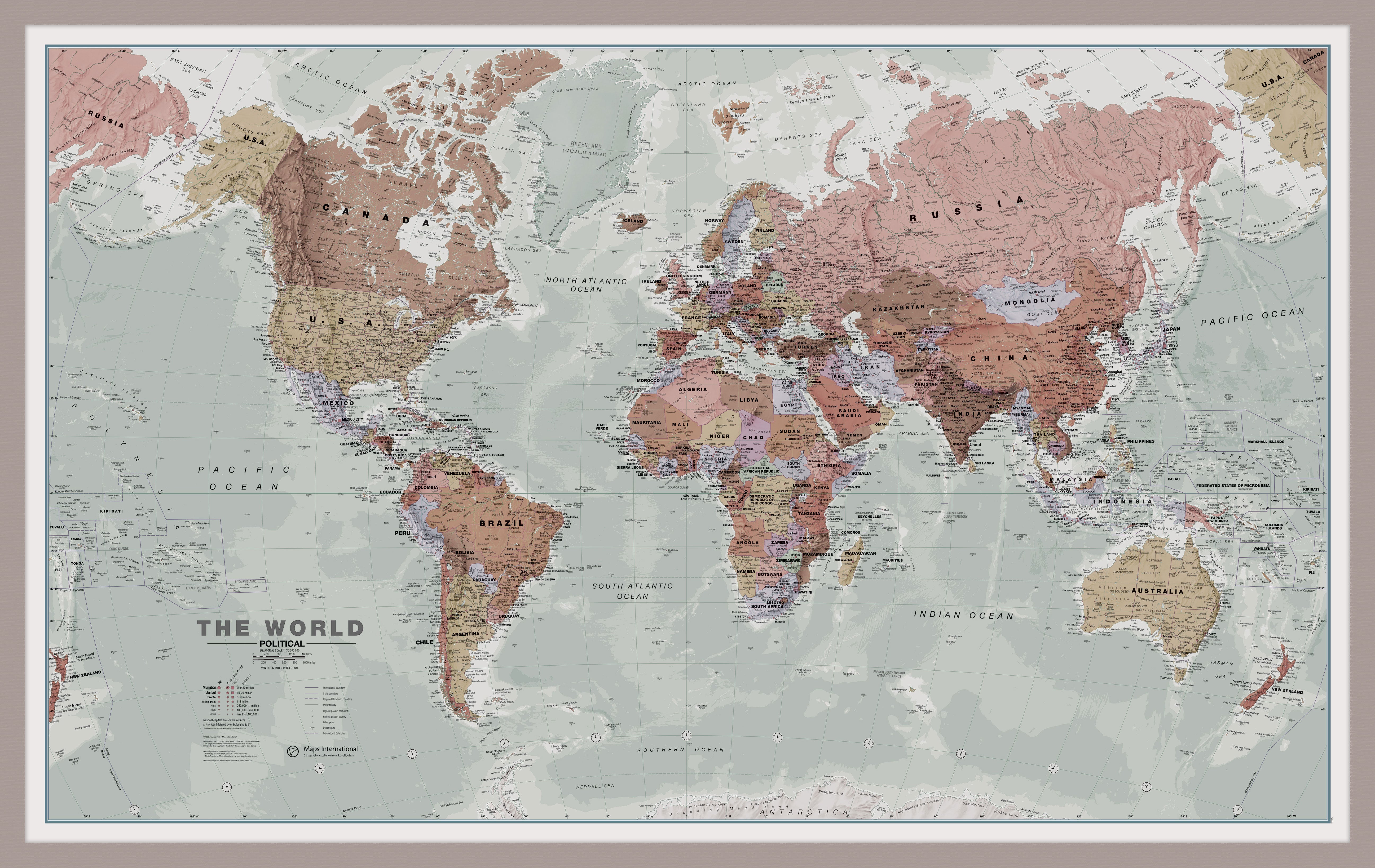Executive World Wall Map Aluminium Frame