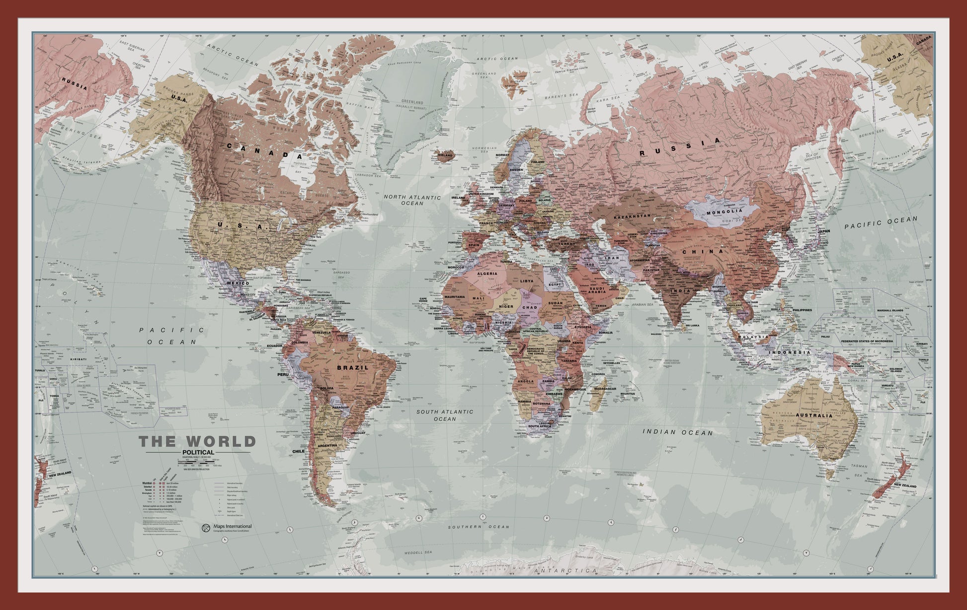 Executive World Wall Map Oak Frame Pinok