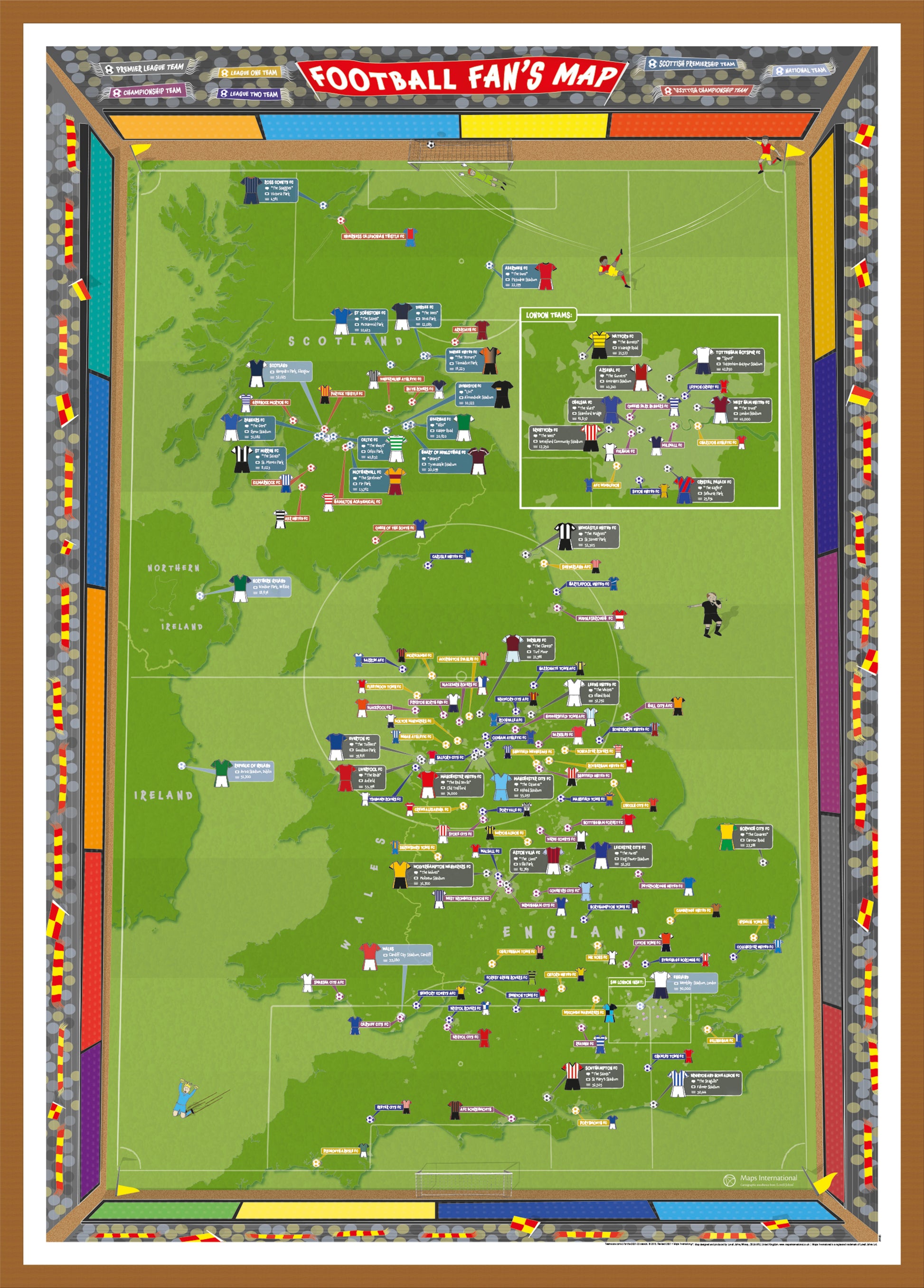 Football Fans Stadium Map Teak Frame Wdtea