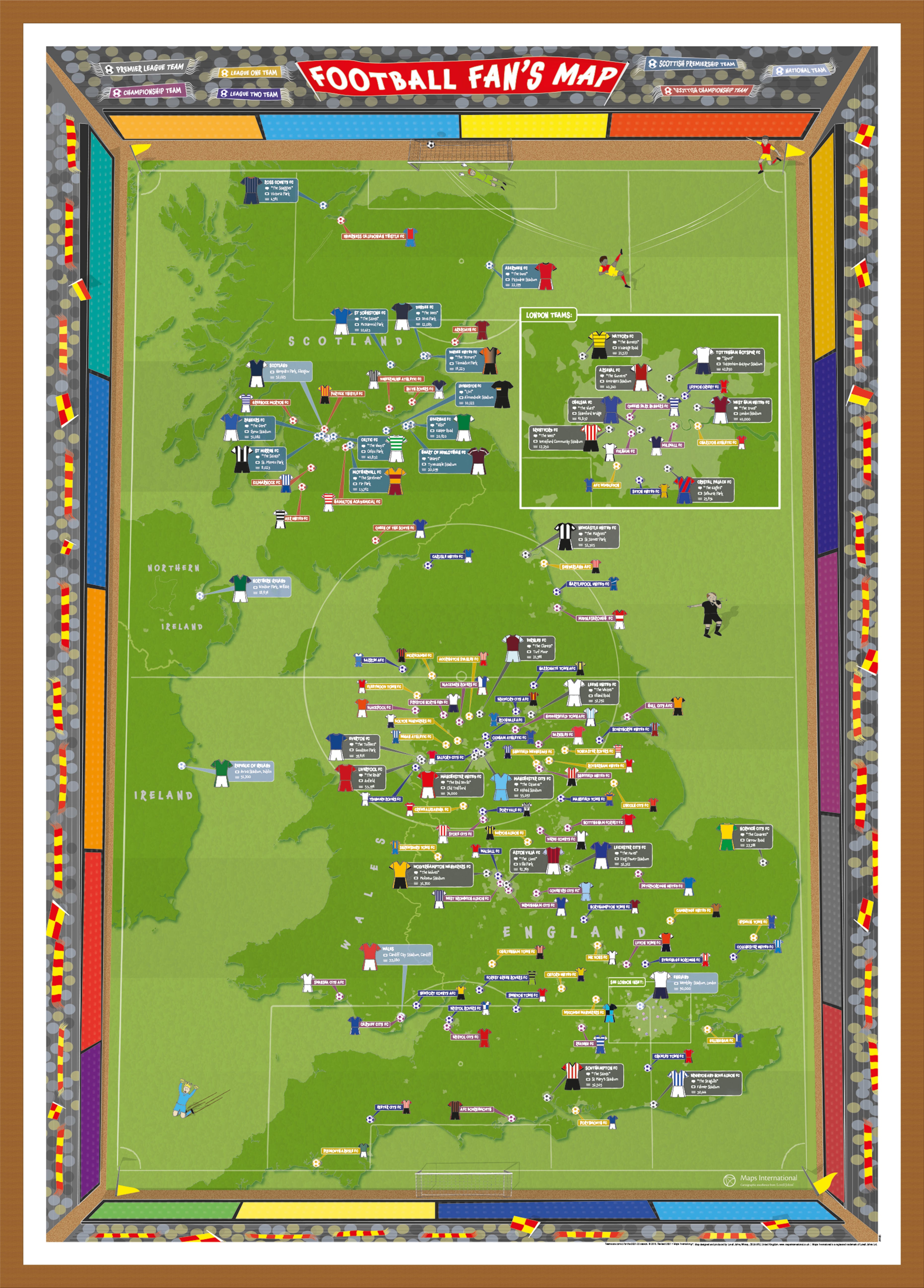 Football Fans Stadium Map Teak Frame Wdtea