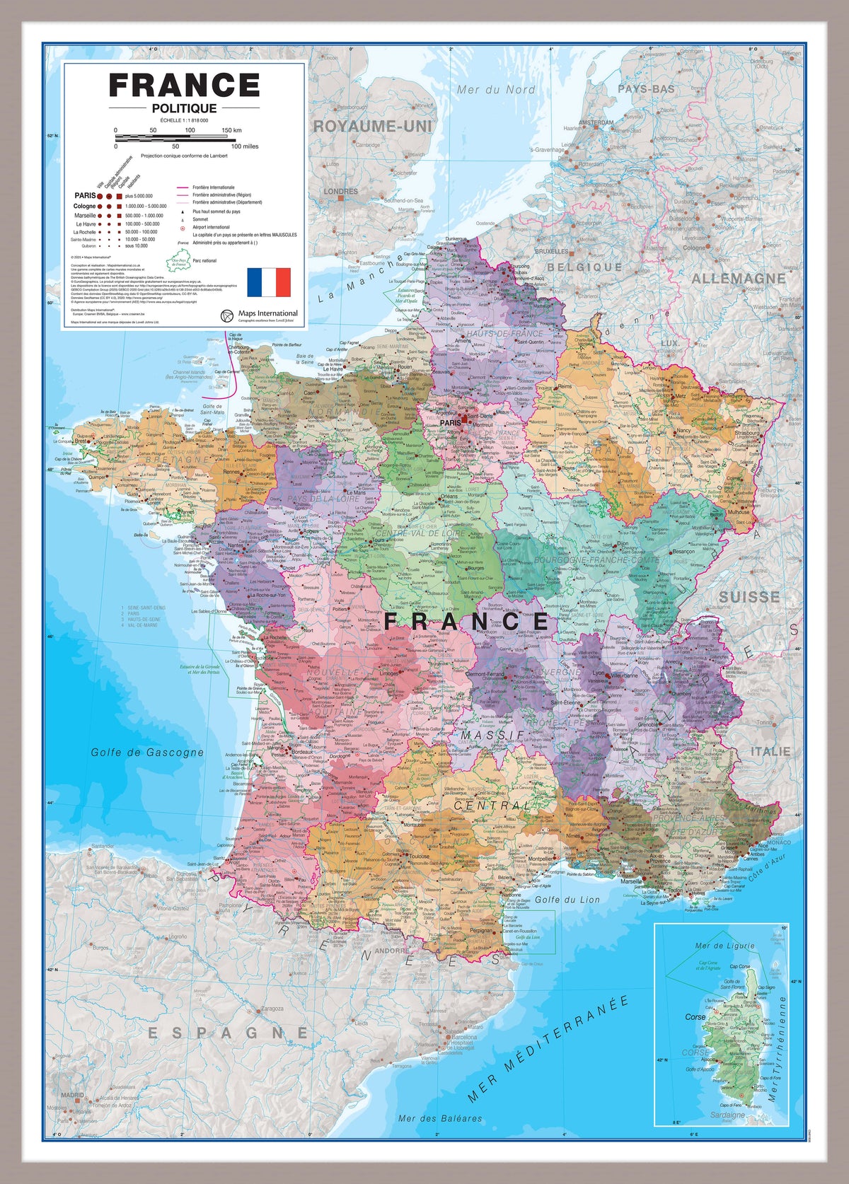 CM01836_L_MGFAL - Large France Political Wall Map with Regions and Departments