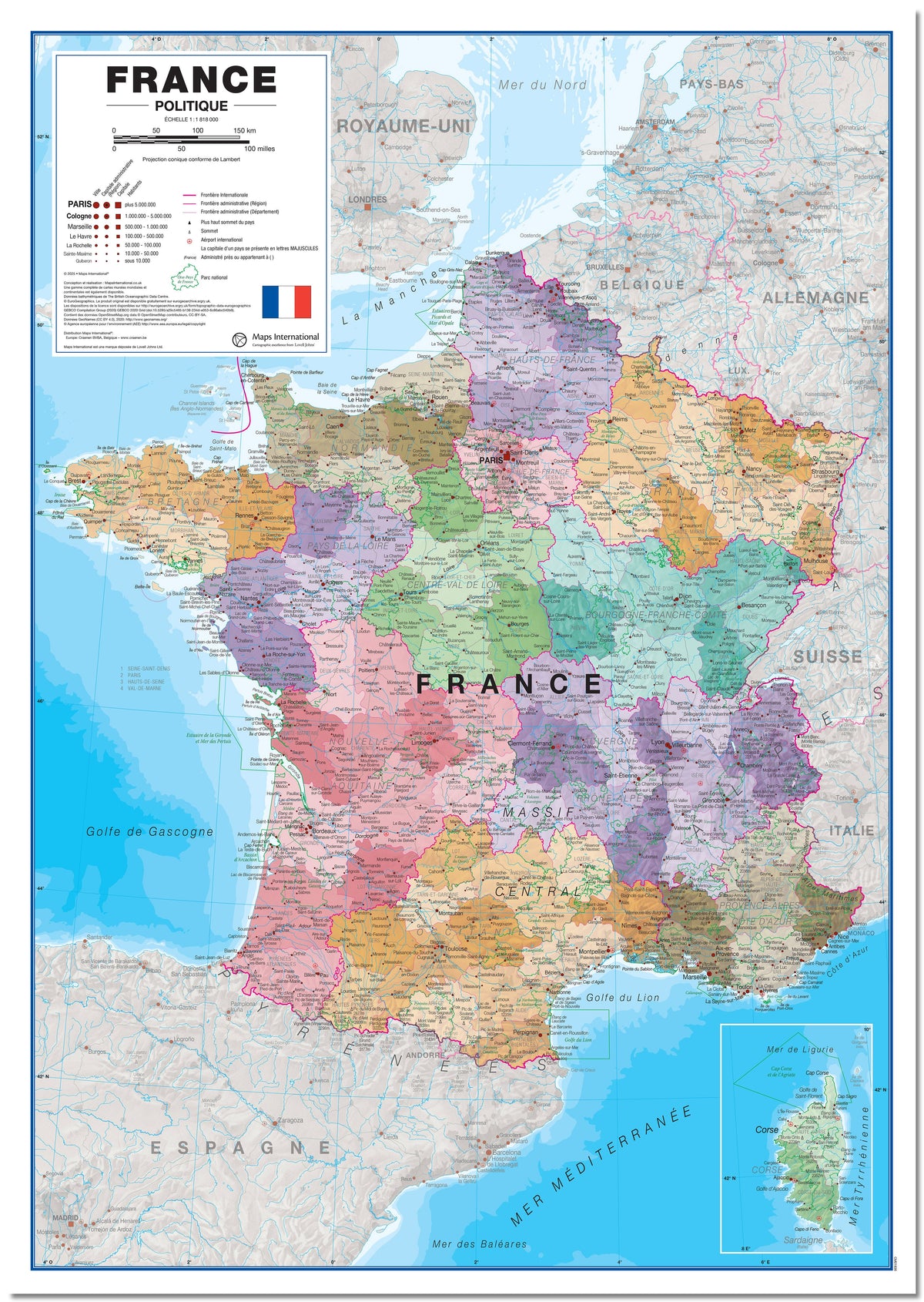CM01836_L_LMBRD - Large France Political Wall Map with Regions and Departments