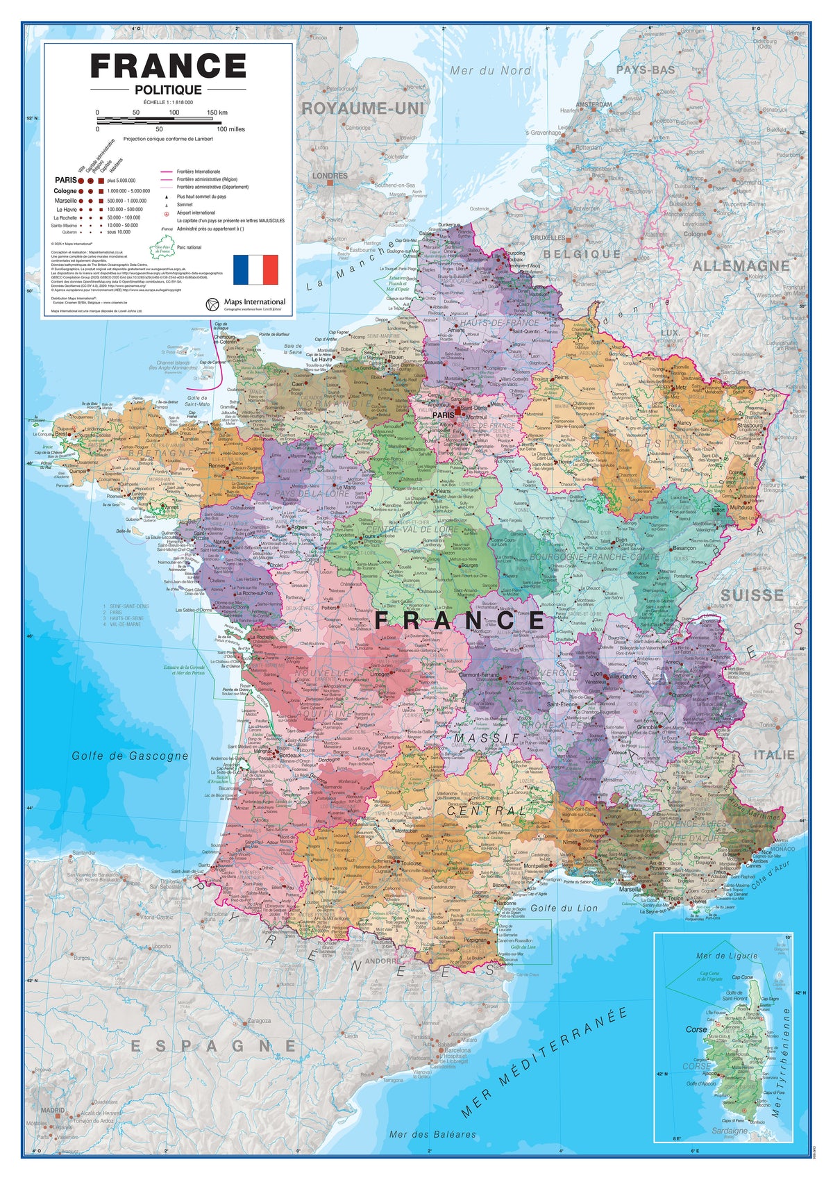 CM01836_L_FSLAM - Large France Political Wall Map with Regions and Departments