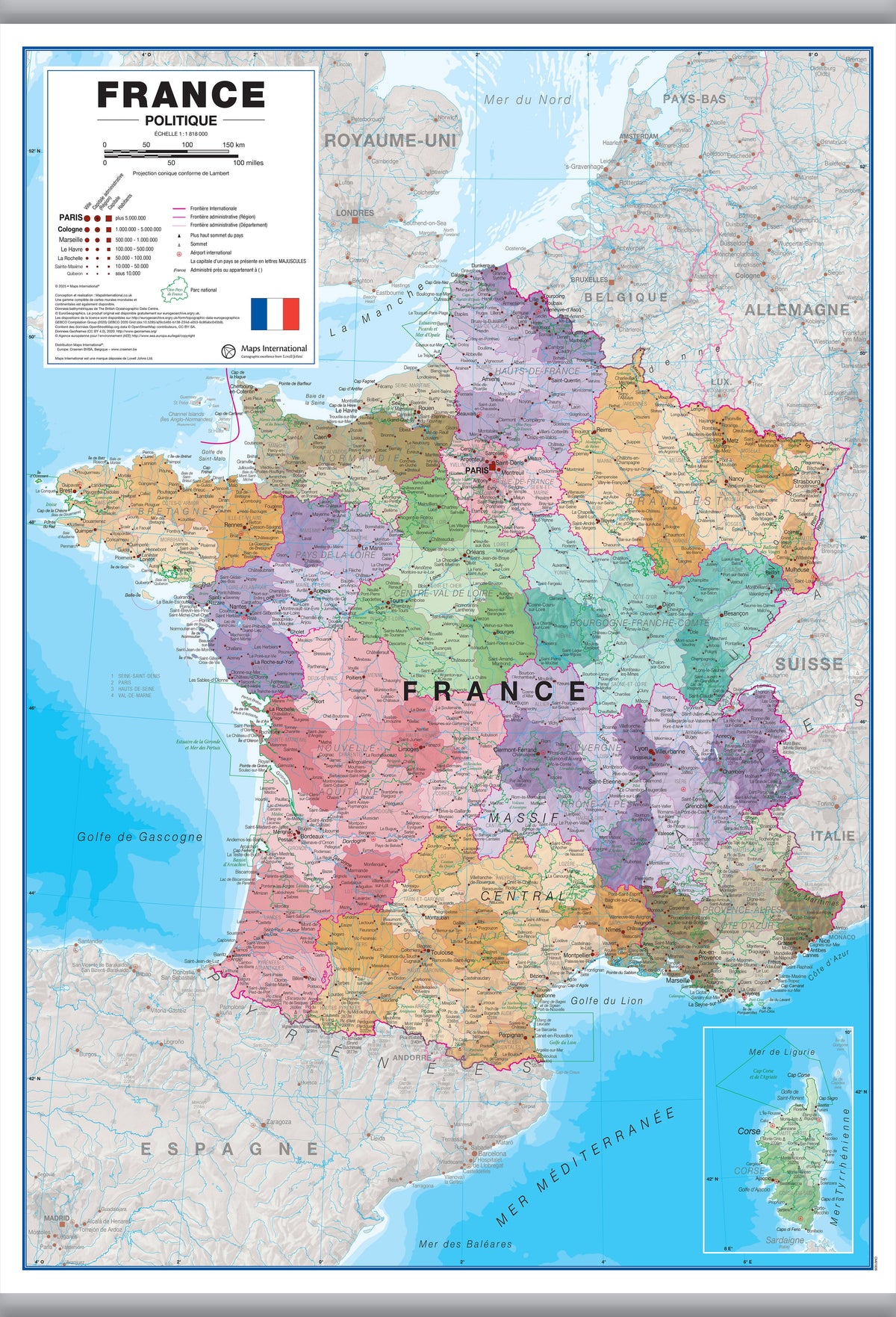 CM01836_L_LAMHB - Large France Political Wall Map with Regions and Departments