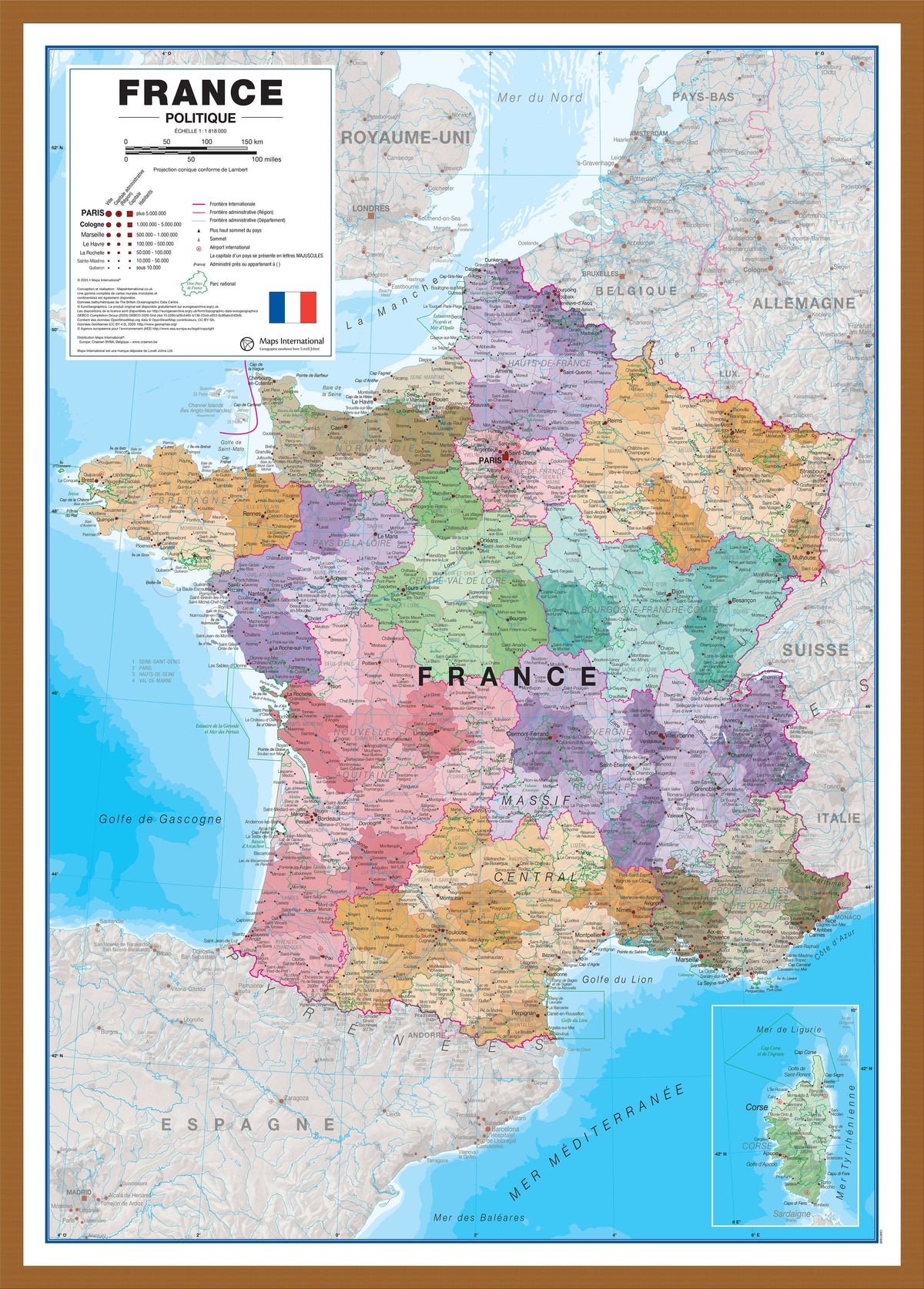 CM01836_L_WDTEA - Large France Political Wall Map with Regions and Departments