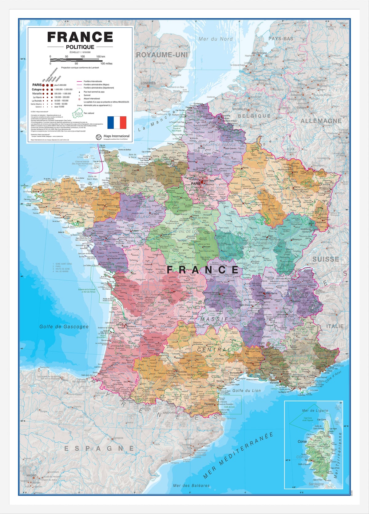 CM01836_L_WDWHI - Large France Political Wall Map with Regions and Departments