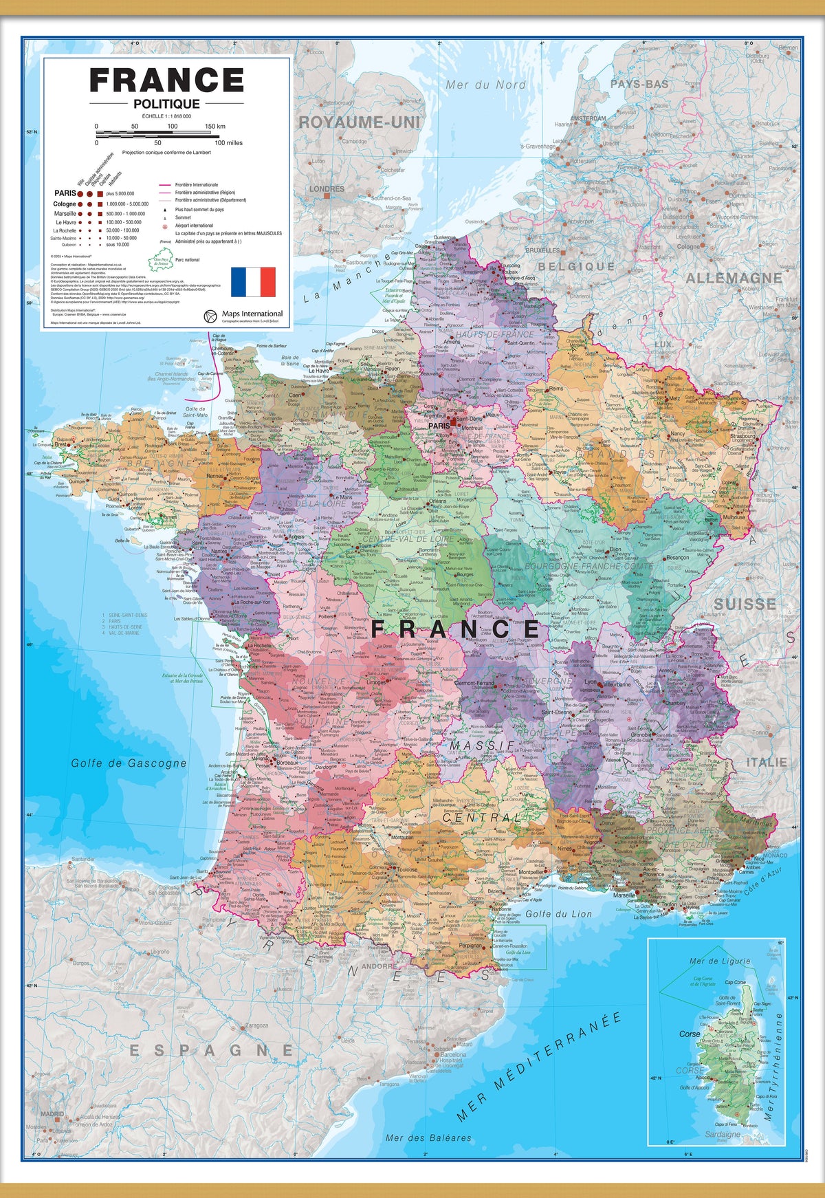 CM01836_L_LWDHB - Large France Political Wall Map with Regions and Departments