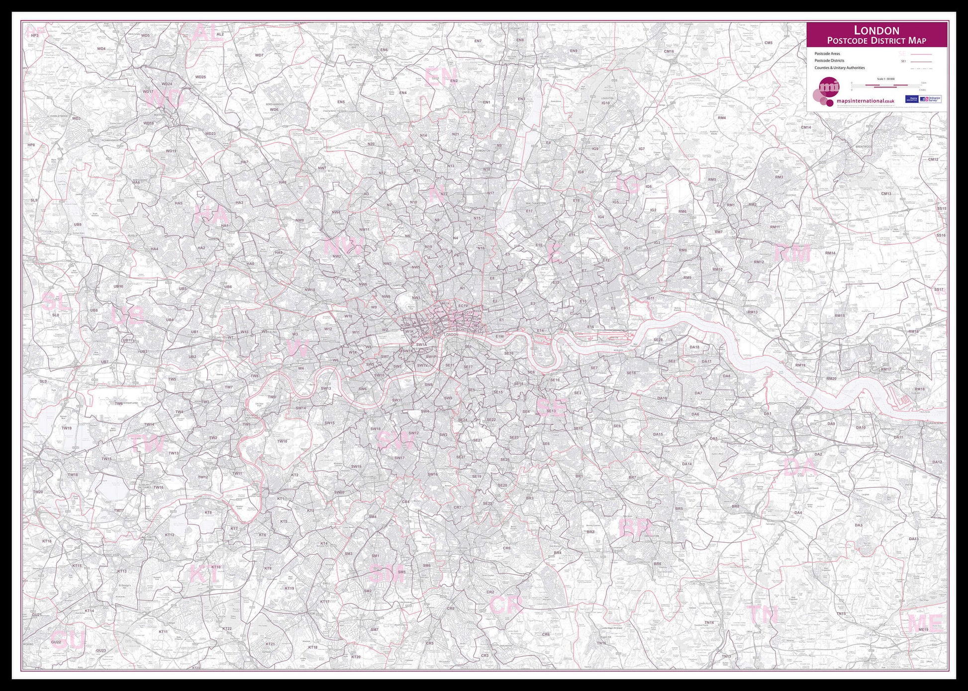UK00252_L_LBDBL - London Postcode District Wall Map (within M25)