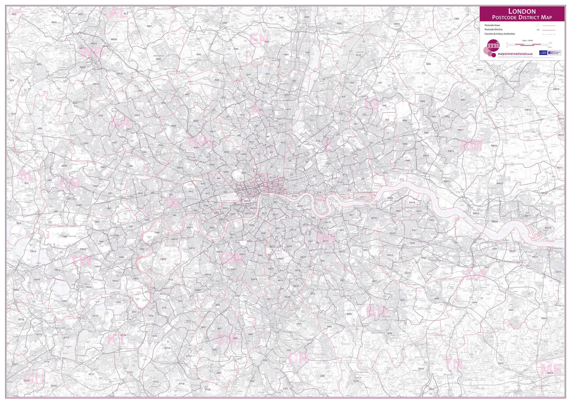 UK00252_L_LAMIN - London Postcode District Wall Map (within M25)