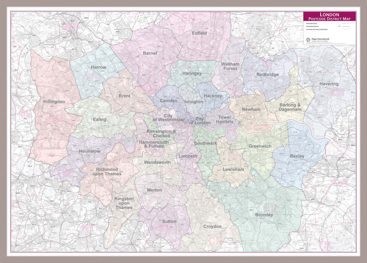 UK01834_L_LBDAL - Large London Postcode District with Authority Boroughs Wall Map - within M25