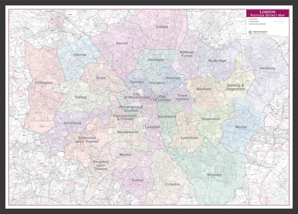 UK01834_L_LBWBL - Large London Postcode District with Authority Boroughs Wall Map - within M25