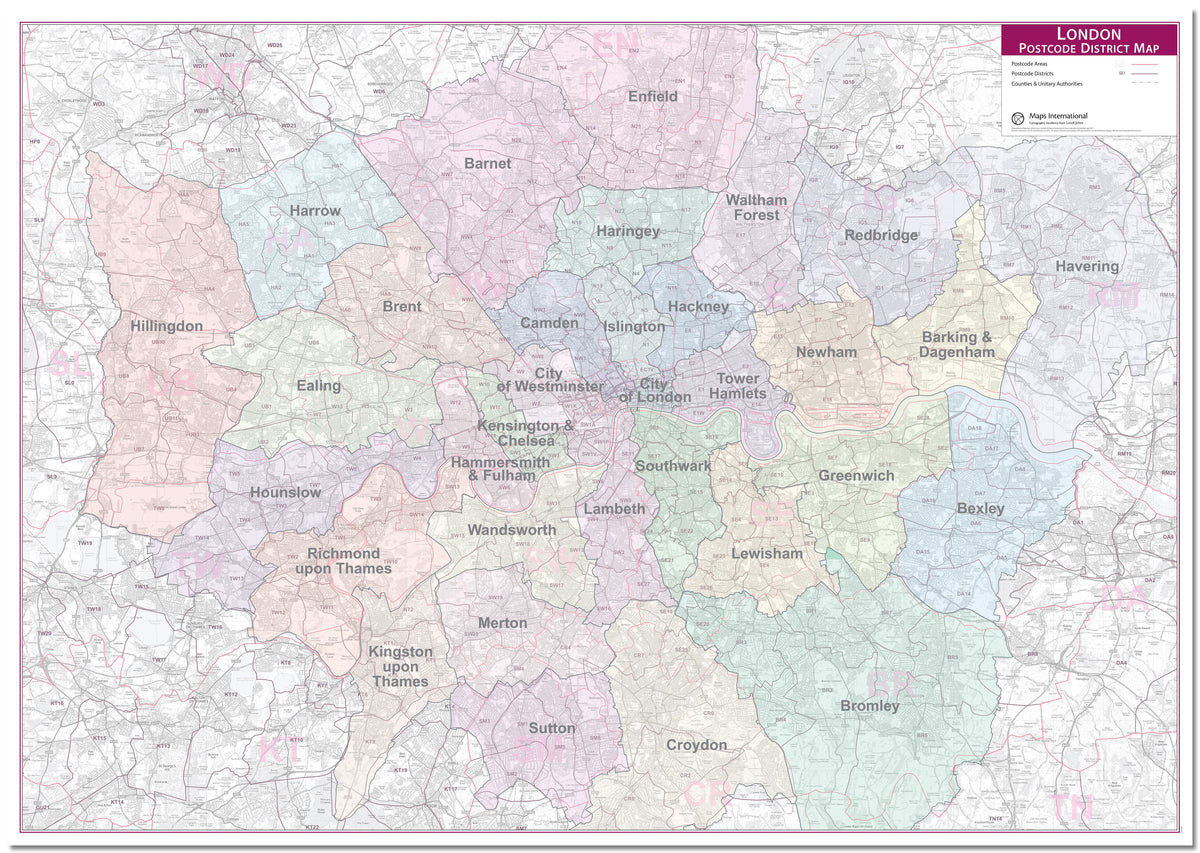 UK01834_L_LMBRD - Large London Postcode District with Authority Boroughs Wall Map - within M25