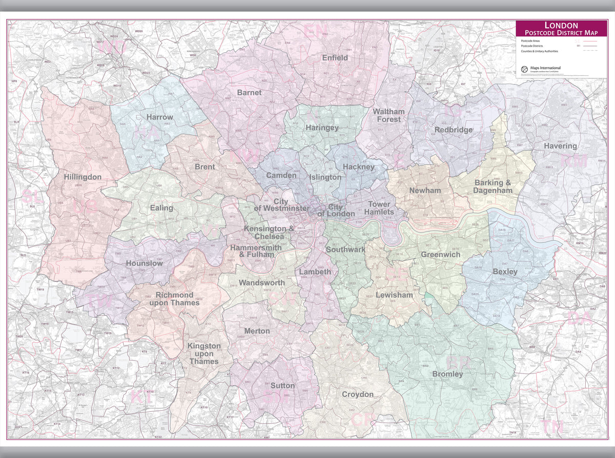 UK01834_L_LAMHB - Large London Postcode District with Authority Boroughs Wall Map - within M25