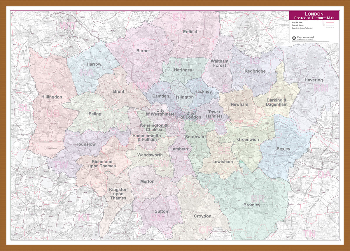 UK01834_L_LBDOK - Large London Postcode District with Authority Boroughs Wall Map - within M25
